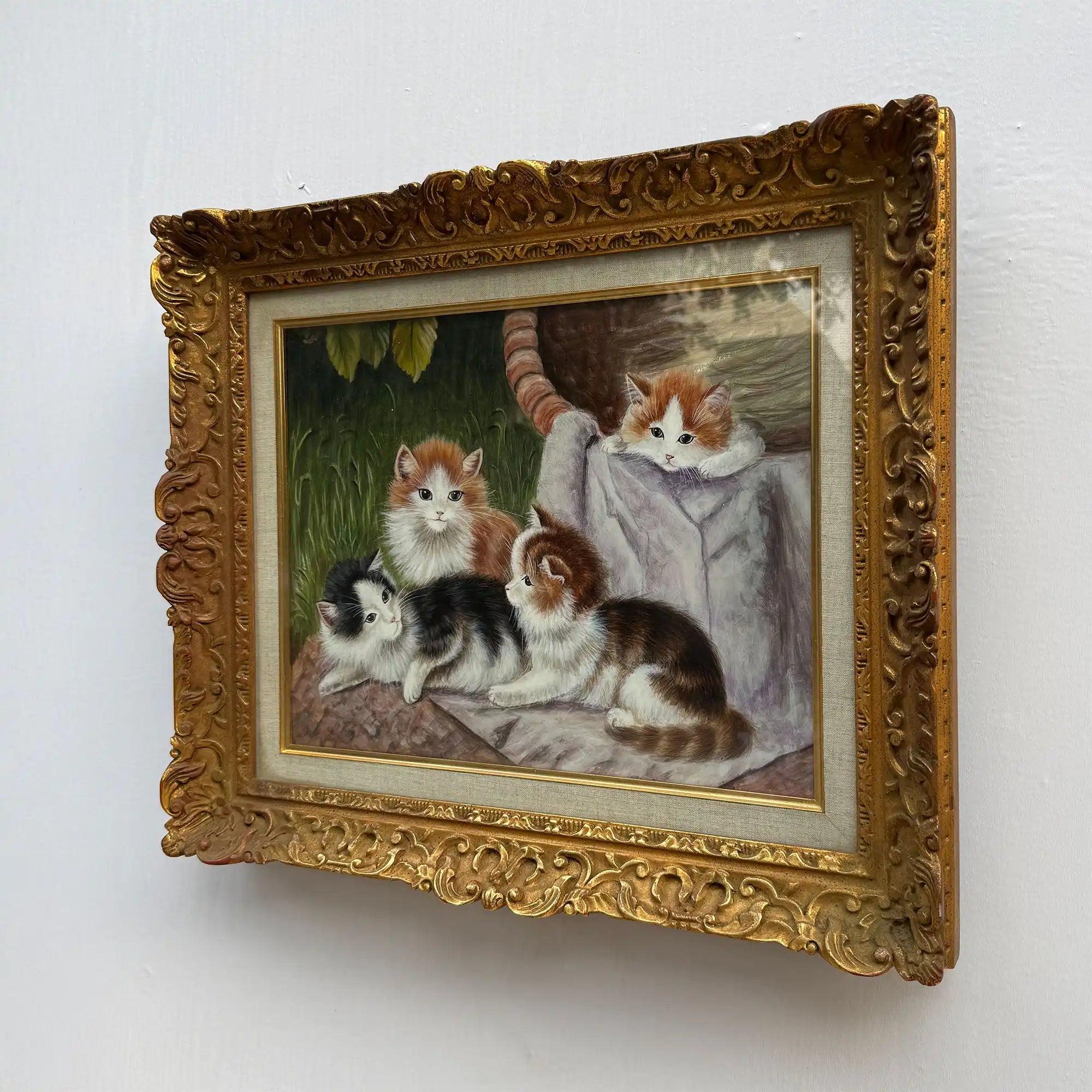 Four Little Cats | Original Vintage Kitten Oil Painting in Ornate Gold Frame - Vintage Oil Painting - Arden Gallery