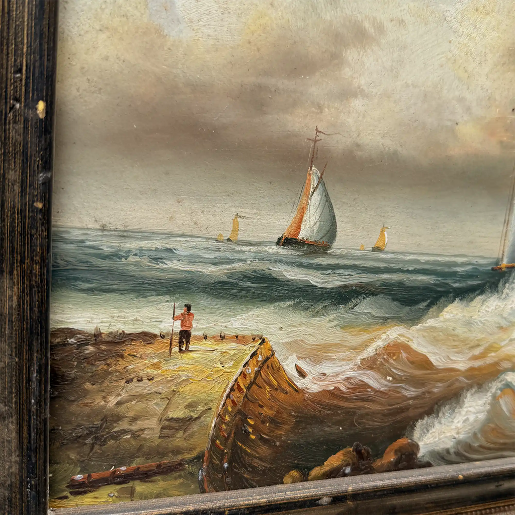 Framed Seascape Oil Painting, Hand-Painted Nautical Artwork of Sailing Ships on the Sea（19.69×15.75 in） - Vintage Oil Painting - Arden Gallery