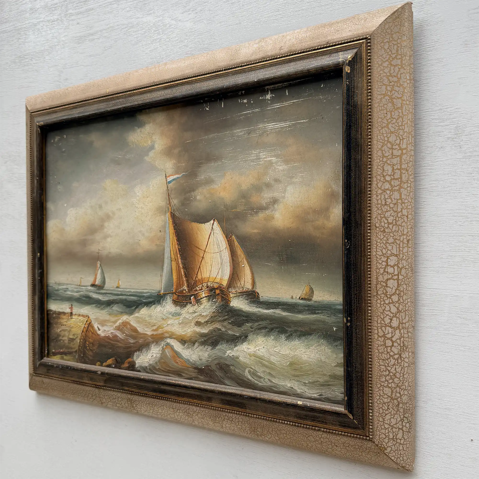Framed Seascape Oil Painting, Hand-Painted Nautical Artwork of Sailing Ships on the Sea（19.69×15.75 in） - Vintage Oil Painting - Arden Gallery