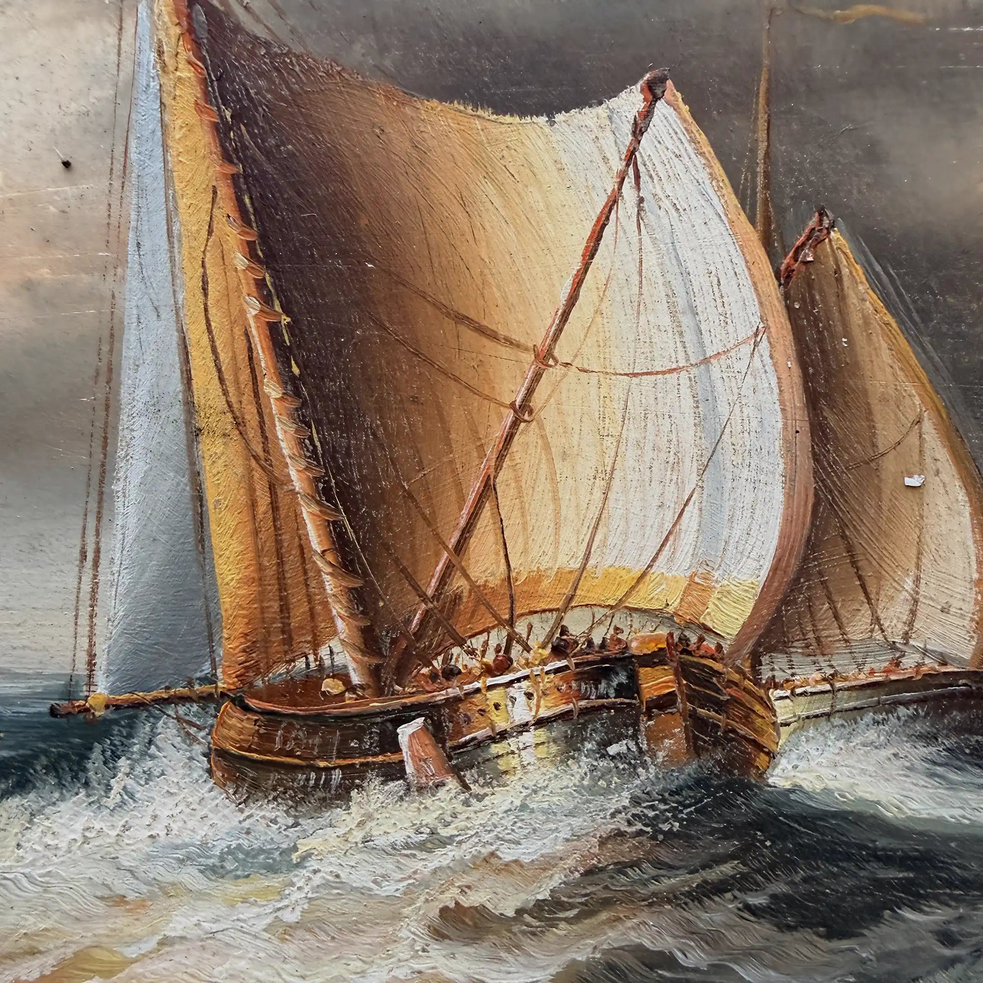 Framed Seascape Oil Painting, Hand-Painted Nautical Artwork of Sailing Ships on the Sea（19.69×15.75 in） - Vintage Oil Painting - Arden Gallery