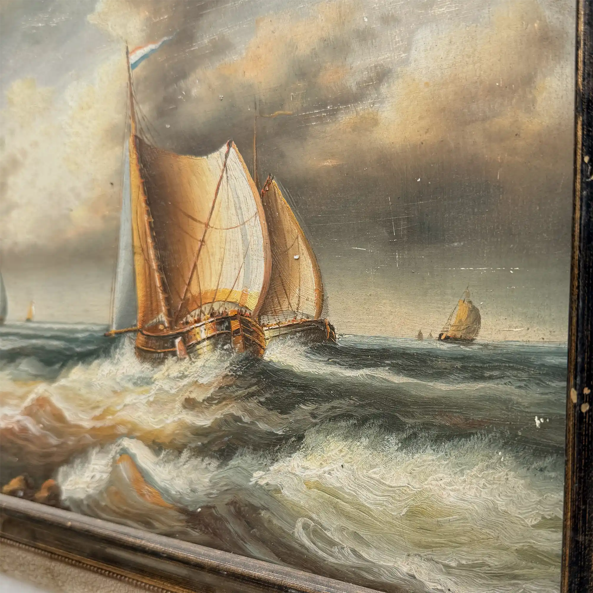 Framed Seascape Oil Painting, Hand-Painted Nautical Artwork of Sailing Ships on the Sea（19.69×15.75 in） - Vintage Oil Painting - Arden Gallery