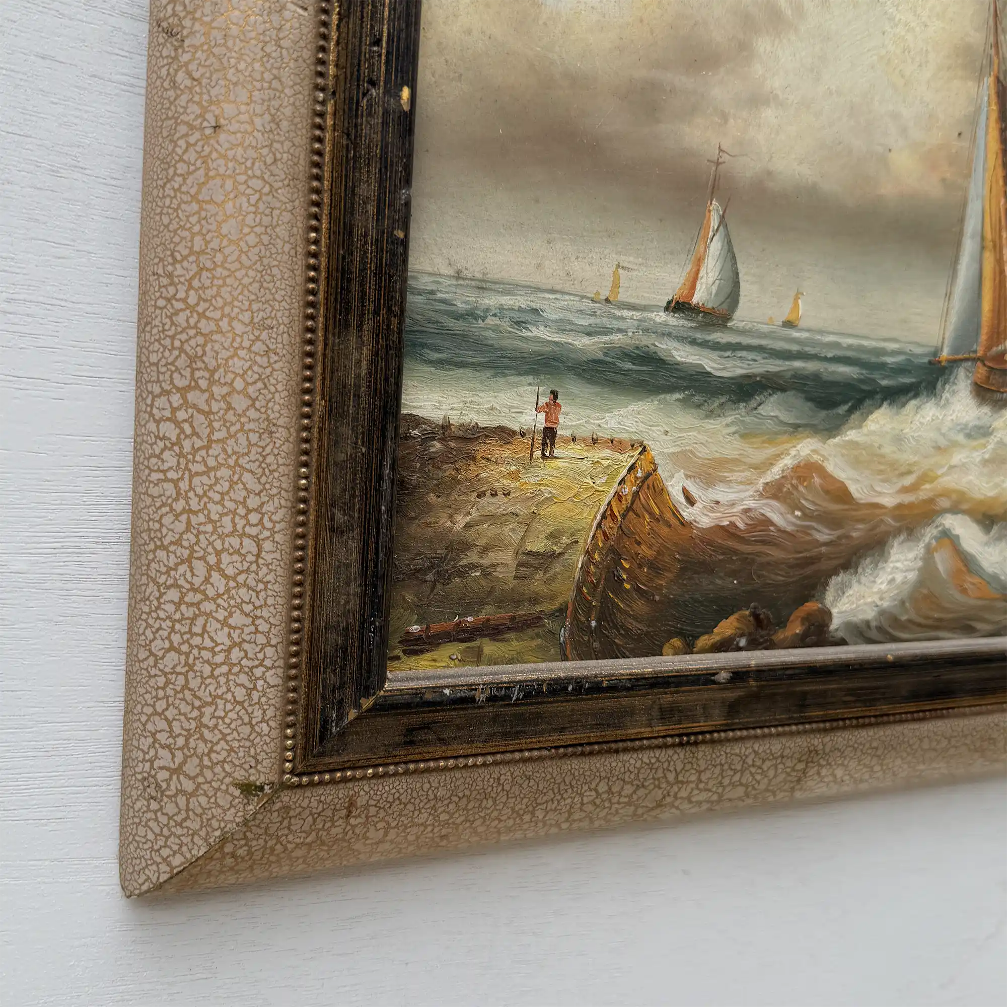Framed Seascape Oil Painting, Hand-Painted Nautical Artwork of Sailing Ships on the Sea（19.69×15.75 in） - Vintage Oil Painting - Arden Gallery