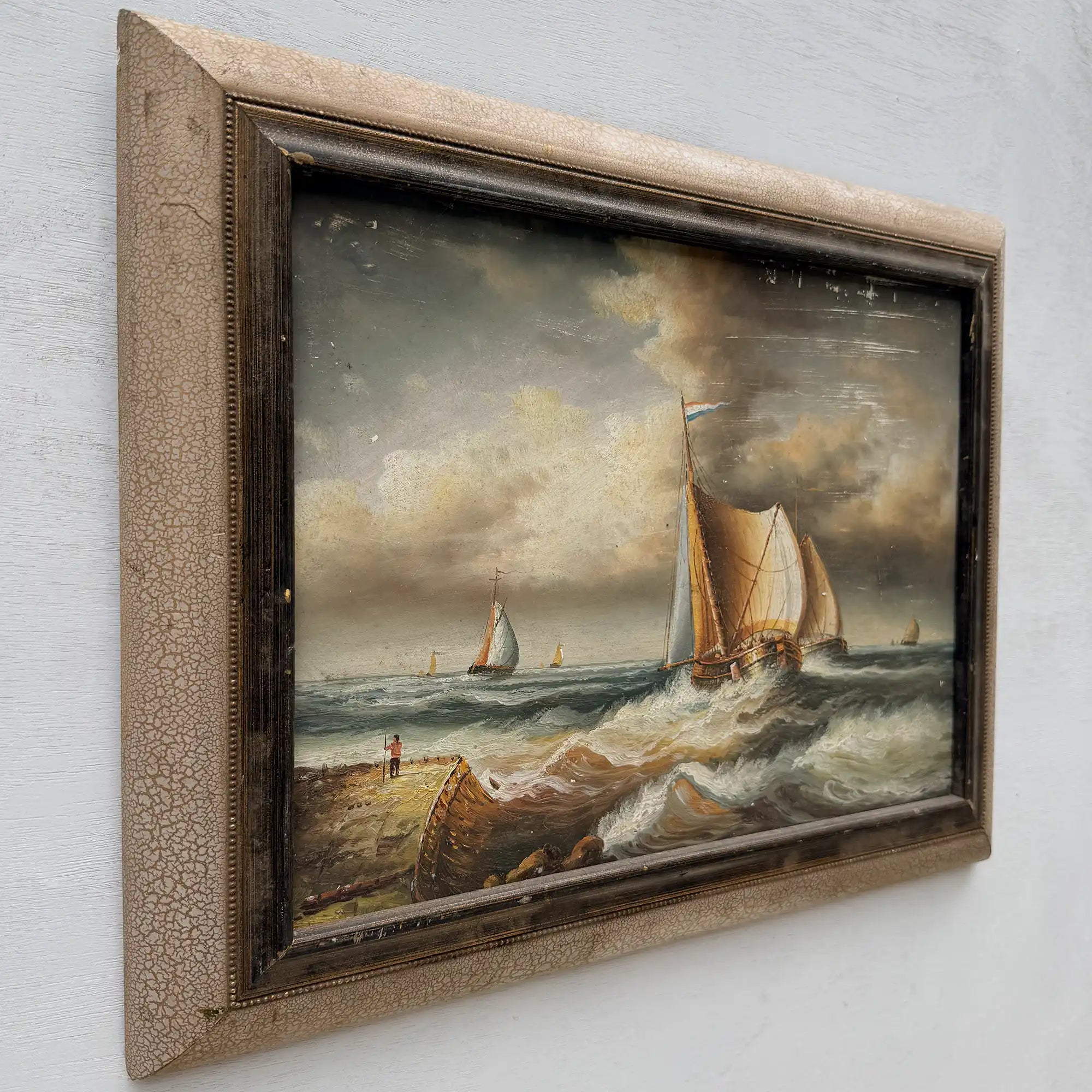 Framed Seascape Oil Painting, Hand-Painted Nautical Artwork of Sailing Ships on the Sea（19.69×15.75 in） - Vintage Oil Painting - Arden Gallery