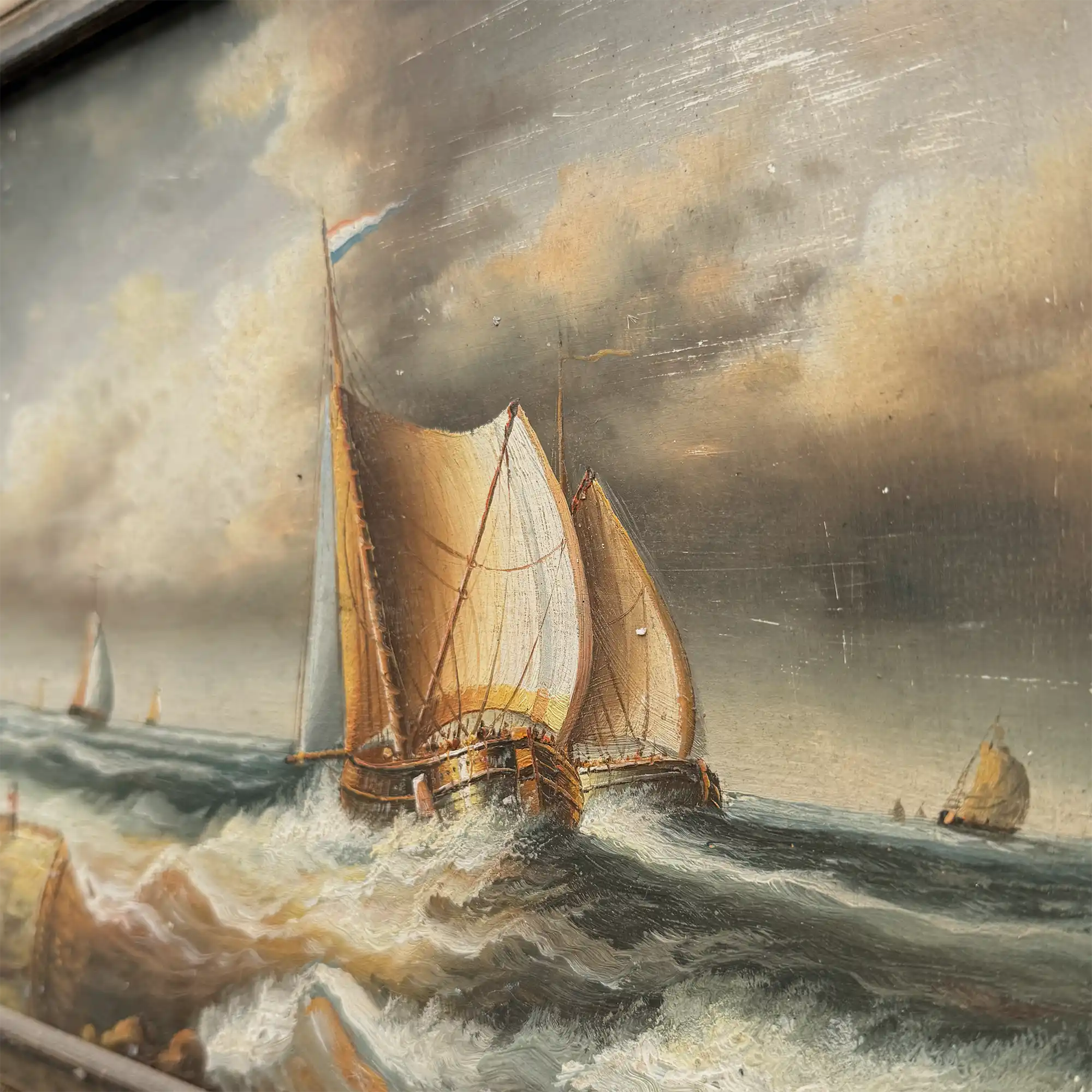 Framed Seascape Oil Painting, Hand-Painted Nautical Artwork of Sailing Ships on the Sea（19.69×15.75 in） - Vintage Oil Painting - Arden Gallery