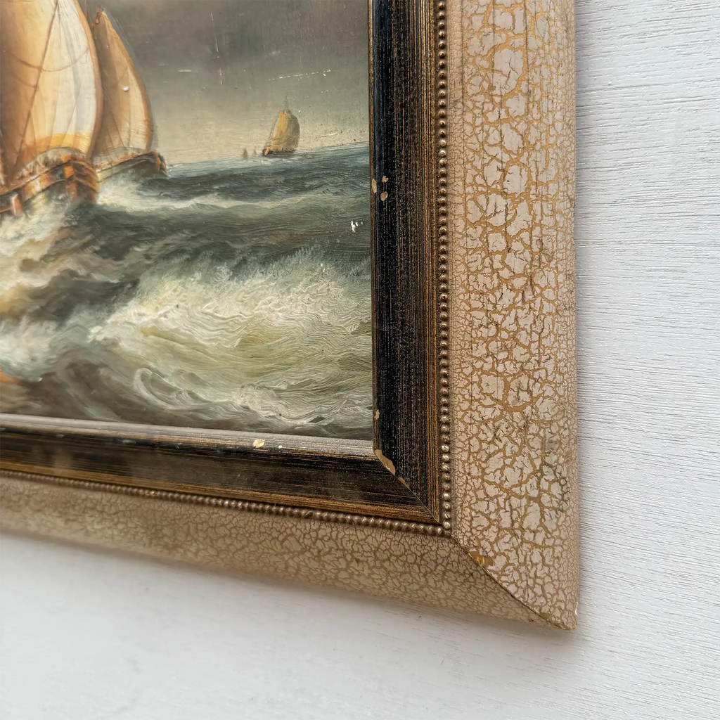 Framed Seascape Oil Painting, Hand-Painted Nautical Artwork of Sailing Ships on the Sea（19.69×15.75 in） - Vintage Oil Painting - Arden Gallery