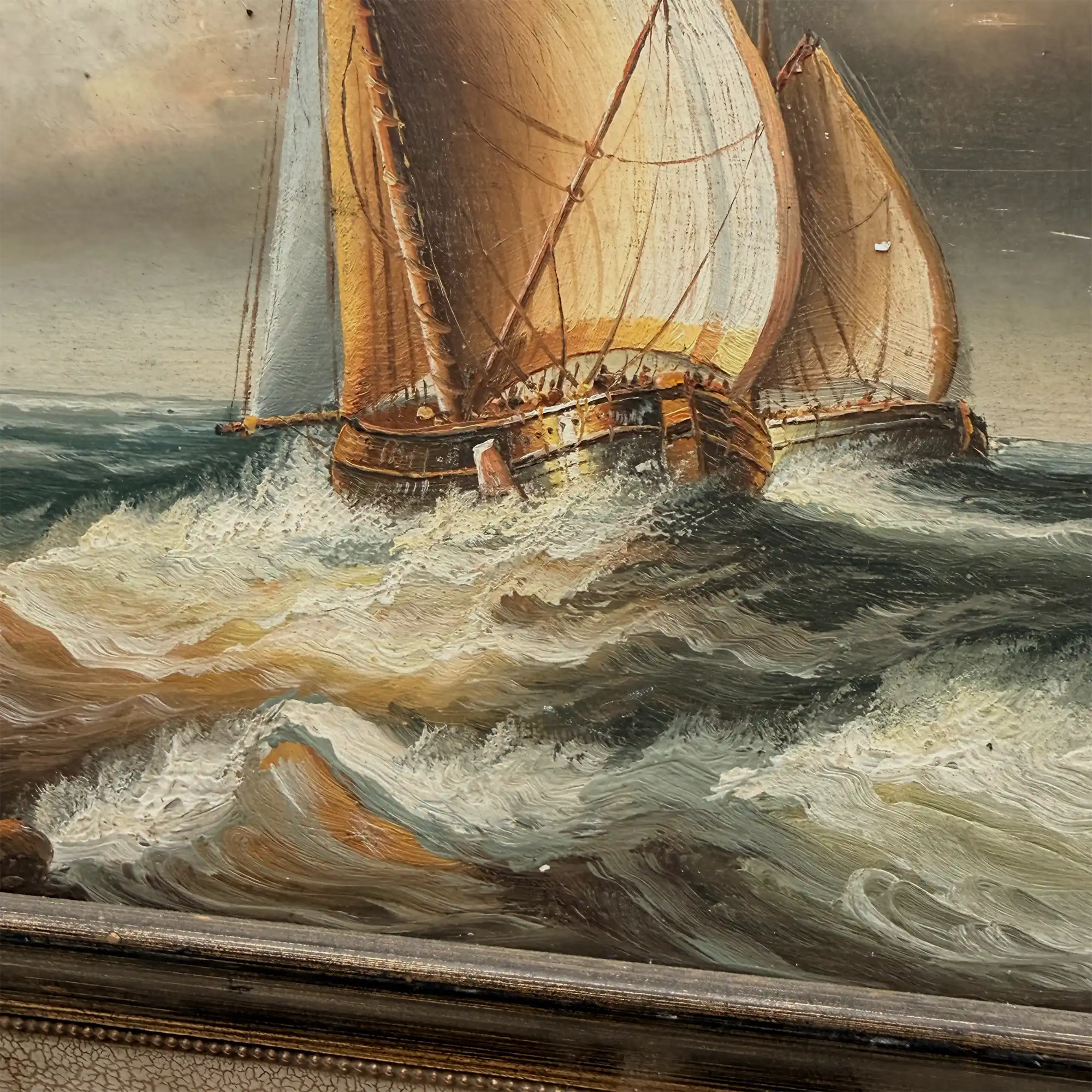 Framed Seascape Oil Painting, Hand-Painted Nautical Artwork of Sailing Ships on the Sea（19.69×15.75 in） - Vintage Oil Painting - Arden Gallery