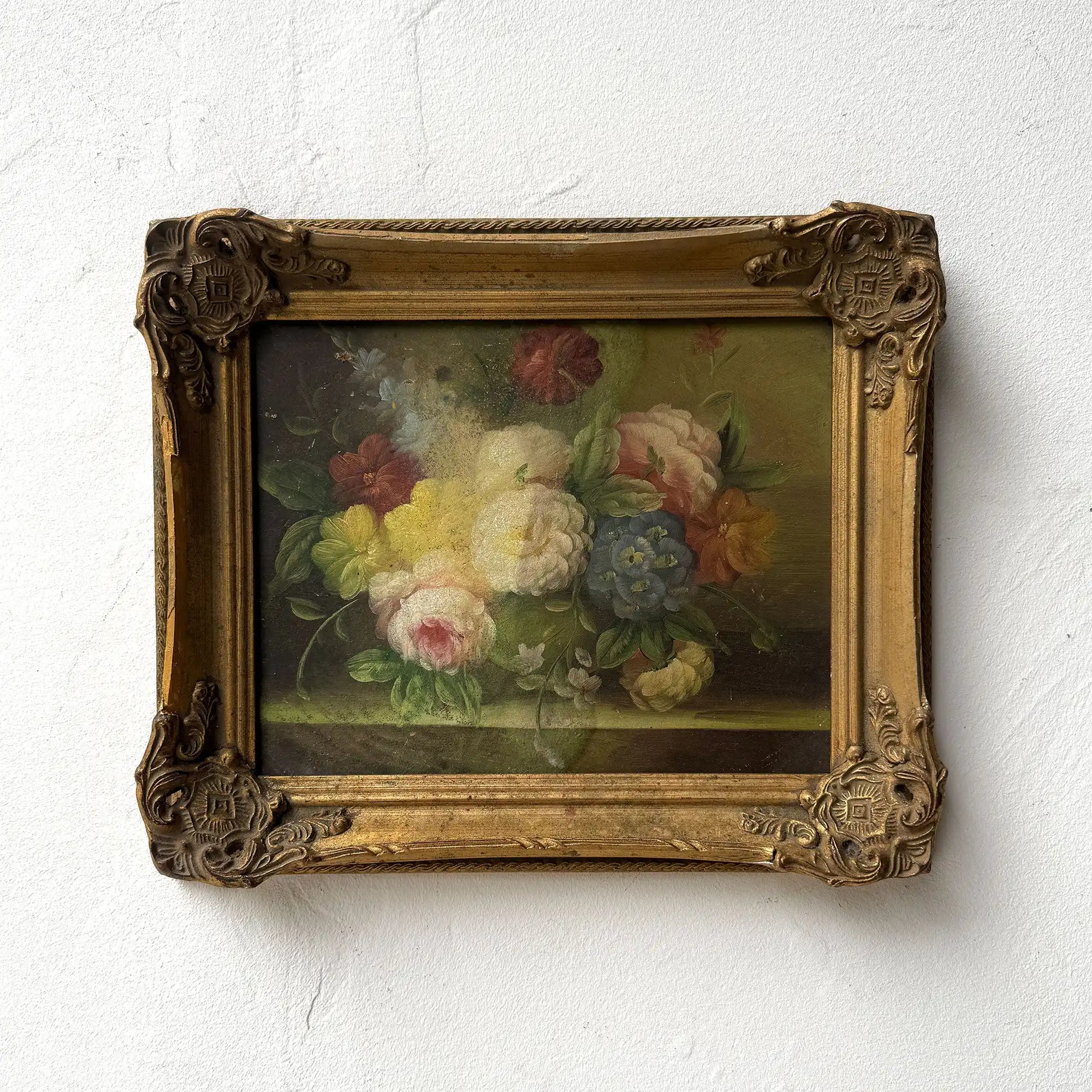Golden Blooms | Vintage Floral Still Life Oil Painting | Ornate Gold Frame | 12.6×10.6in - Vintage Oil Painting - Arden Gallery