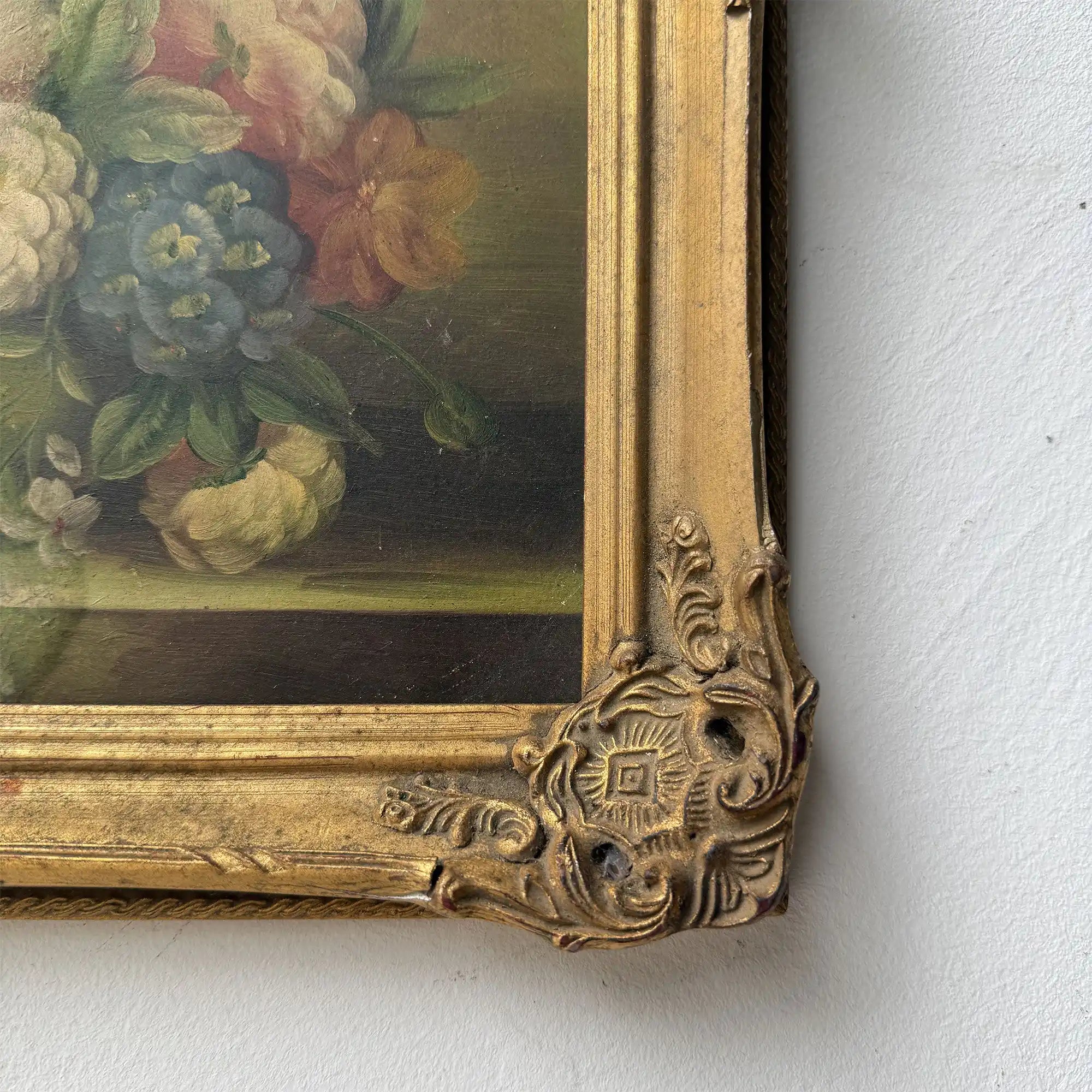 Golden Blooms | Vintage Floral Still Life Oil Painting | Ornate Gold Frame | 12.6×10.6in - Vintage Oil Painting - Arden Gallery