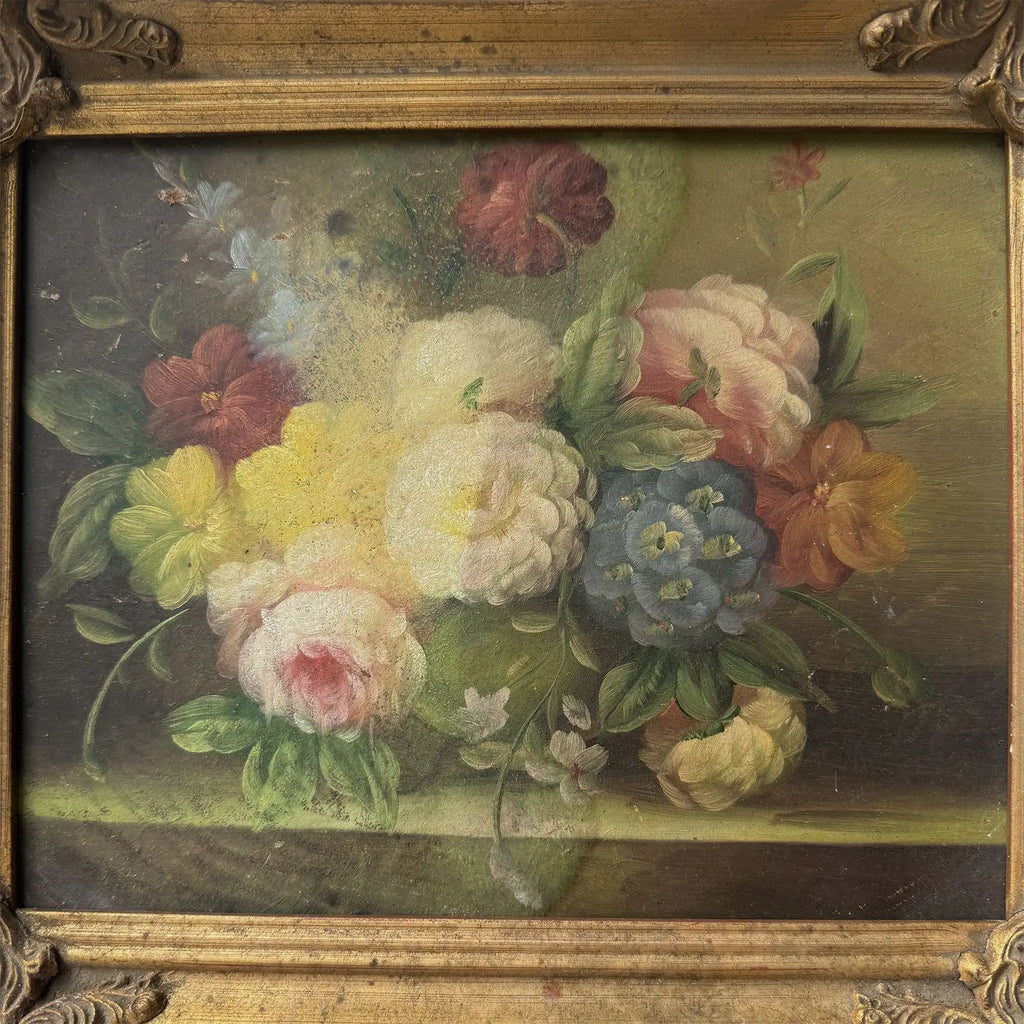Golden Blooms | Vintage Floral Still Life Oil Painting | Ornate Gold Frame | 12.6×10.6in - Vintage Oil Painting - Arden Gallery