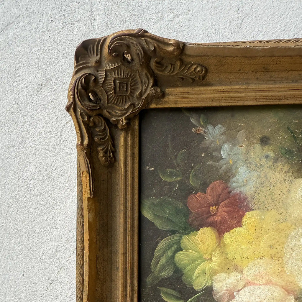 Golden Blooms | Vintage Floral Still Life Oil Painting | Ornate Gold Frame | 12.6×10.6in - Vintage Oil Painting - Arden Gallery