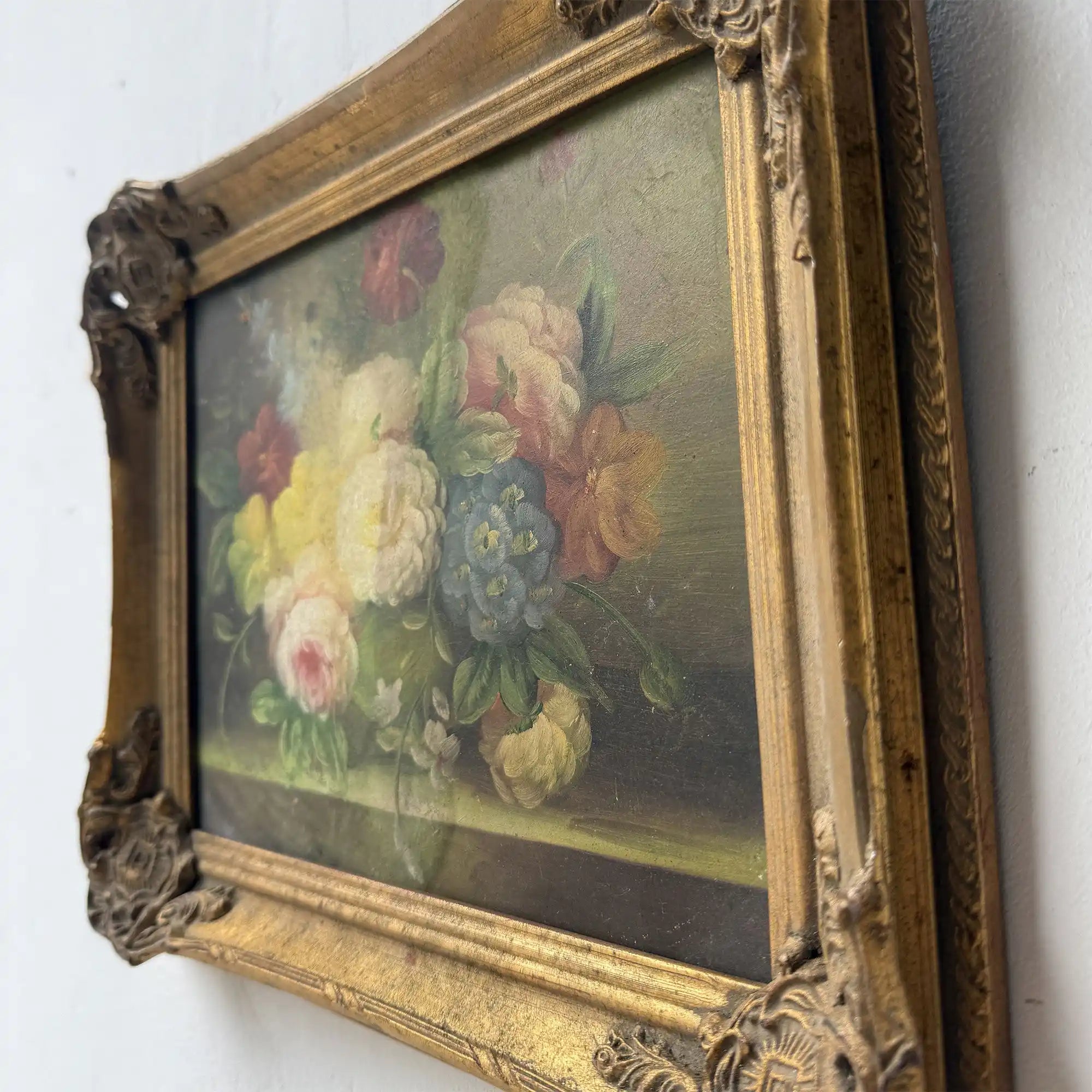 Golden Blooms | Vintage Floral Still Life Oil Painting | Ornate Gold Frame | 12.6×10.6in - Vintage Oil Painting - Arden Gallery