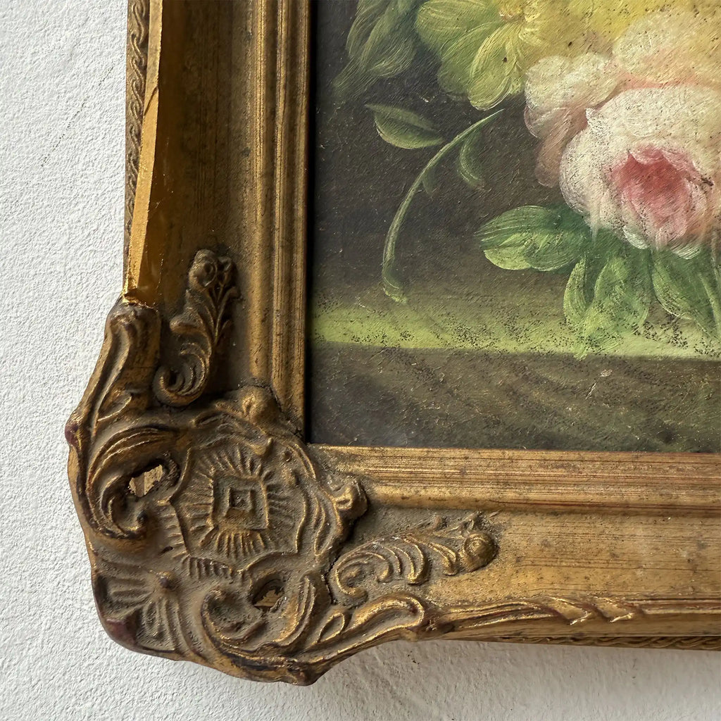Golden Blooms | Vintage Floral Still Life Oil Painting | Ornate Gold Frame | 12.6×10.6in - Vintage Oil Painting - Arden Gallery