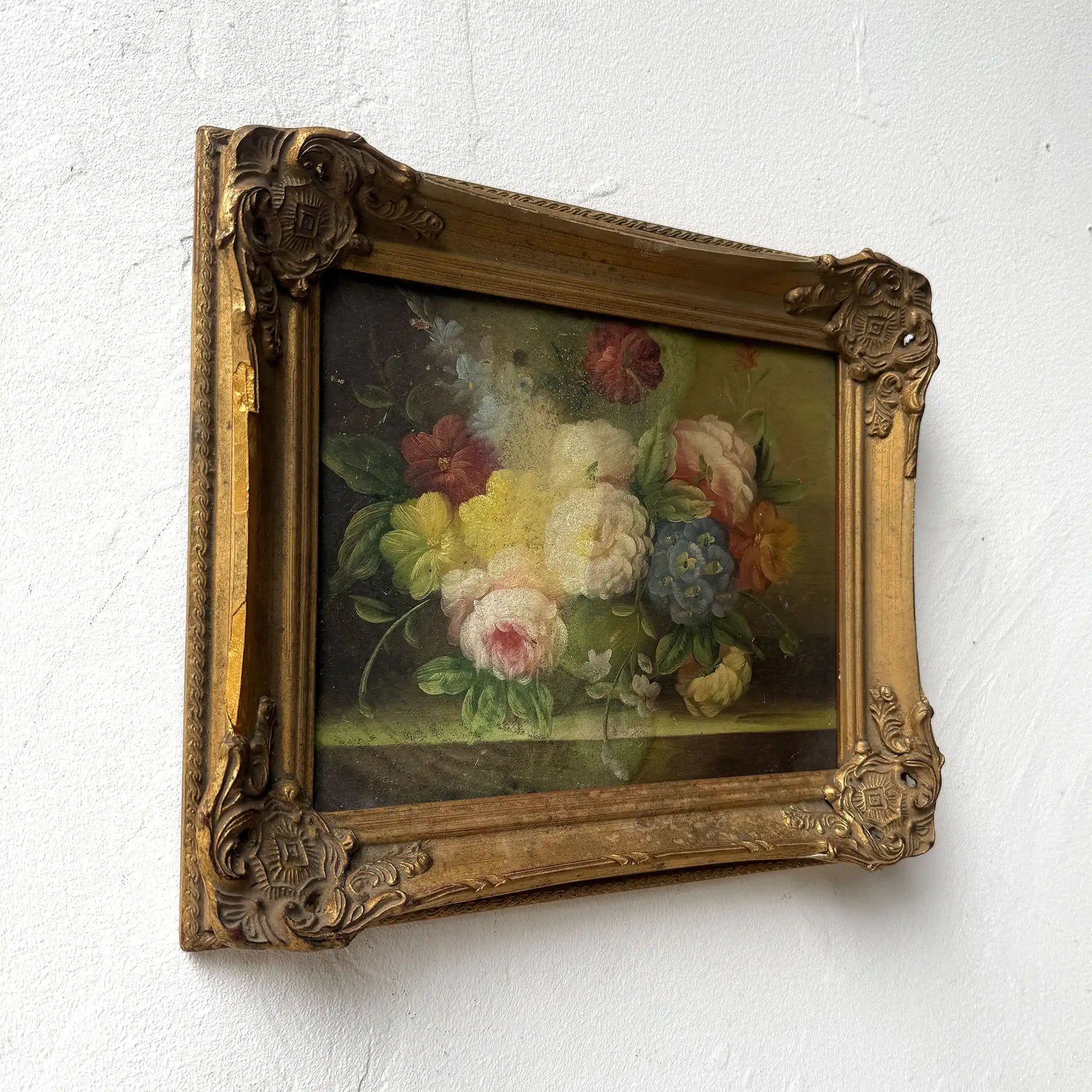 Golden Blooms | Vintage Floral Still Life Oil Painting | Ornate Gold Frame | 12.6×10.6in - Vintage Oil Painting - Arden Gallery
