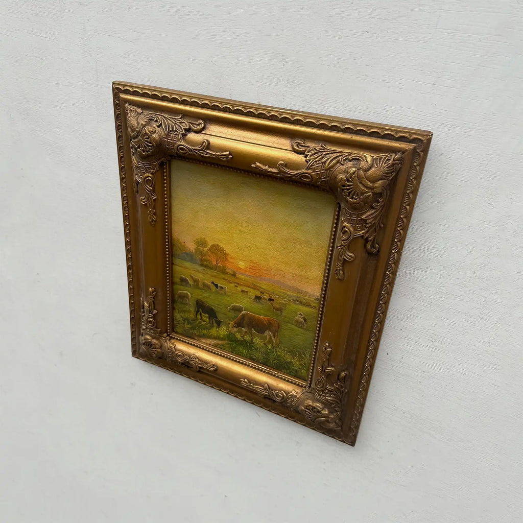 Golden Pasture at Sunset | Original Vintage Cattle Landscape Oil Painting - Vintage Oil Painting - Arden Gallery