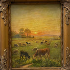 Golden Pasture at Sunset | Original Vintage Cattle Landscape Oil Painting - Vintage Oil Painting - Arden Gallery