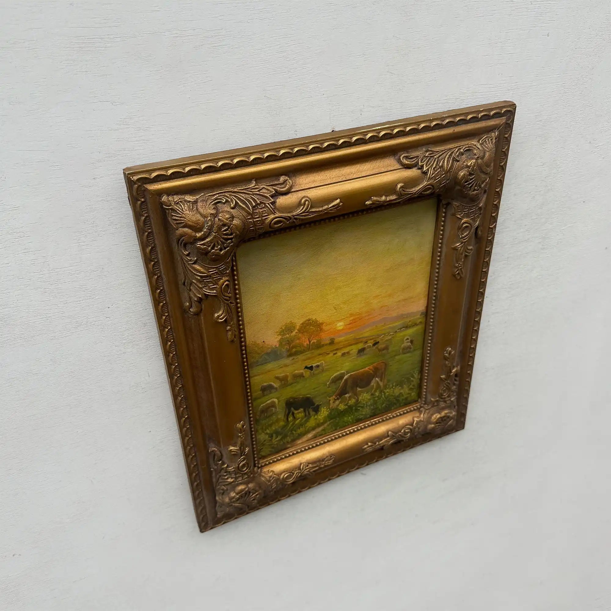 Golden Pasture at Sunset | Original Vintage Cattle Landscape Oil Painting - Vintage Oil Painting - Arden Gallery