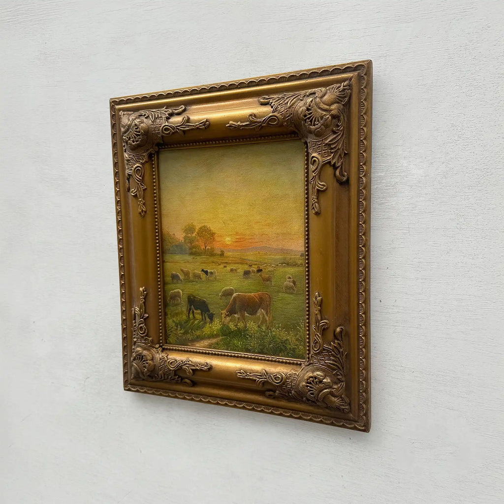 Golden Pasture at Sunset | Original Vintage Cattle Landscape Oil Painting - Vintage Oil Painting - Arden Gallery