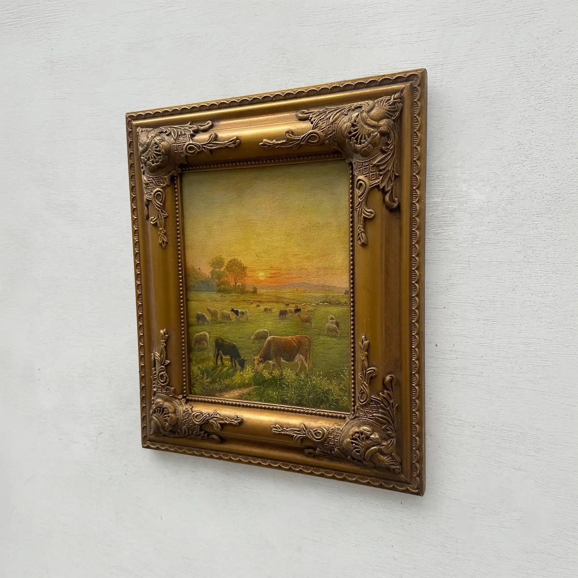 Golden Pasture at Sunset | Original Vintage Cattle Landscape Oil Painting - Vintage Oil Painting - Arden Gallery