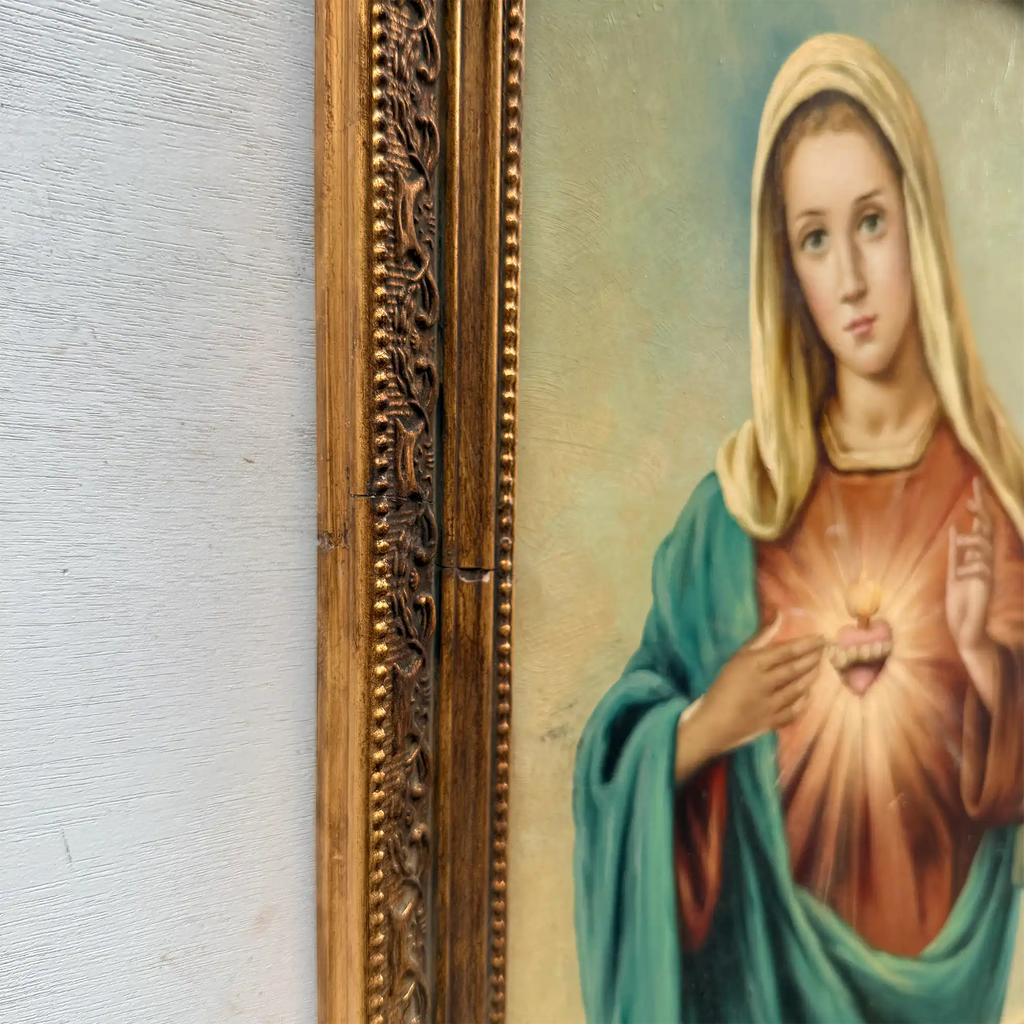 Hand-Painted Sacred Heart Religious Oil Painting, Vintage Framed Wall Art  (15.0 × 18.9 in) - Vintage Oil Painting - Arden Gallery