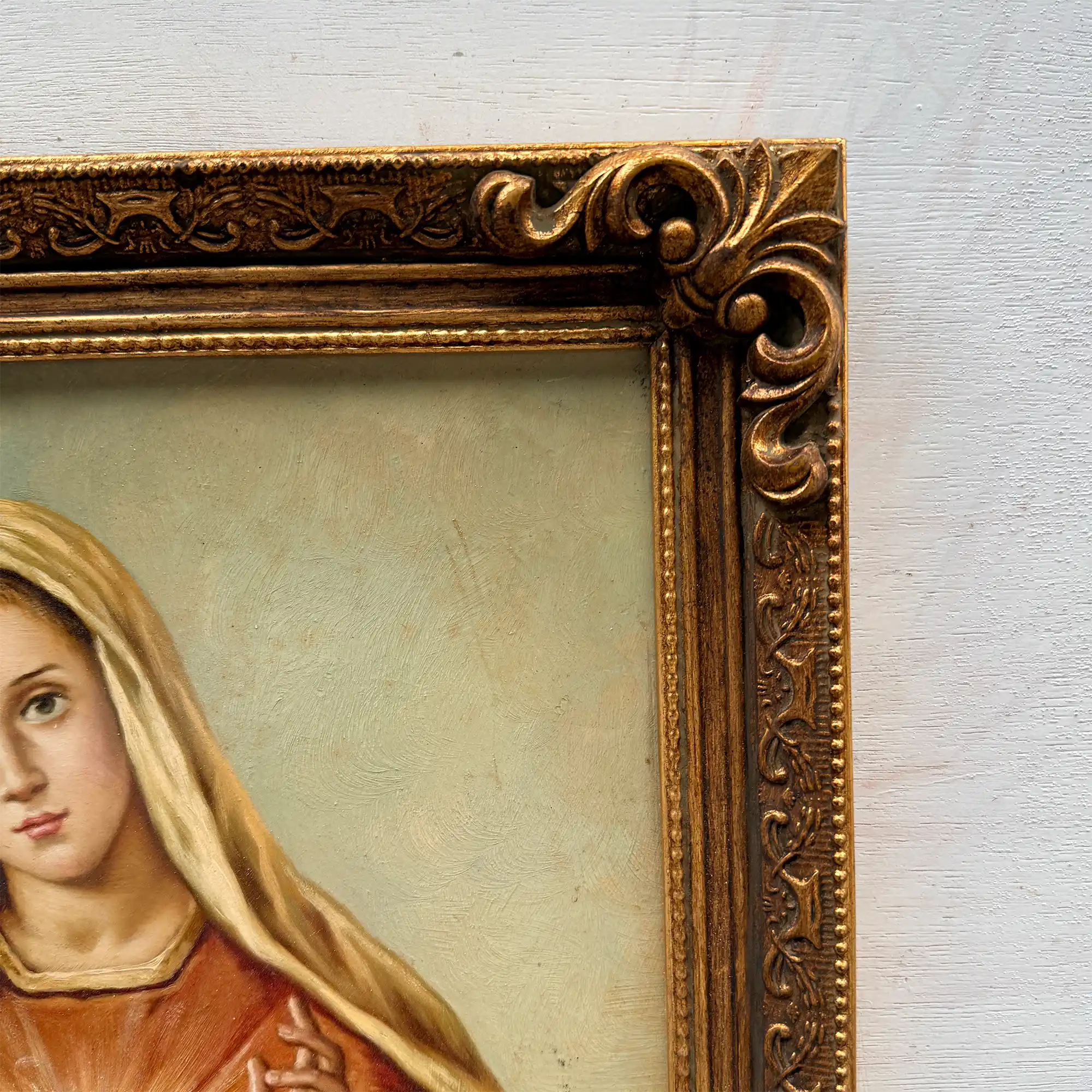 Hand-Painted Sacred Heart Religious Oil Painting, Vintage Framed Wall Art  (15.0 × 18.9 in) - Vintage Oil Painting - Arden Gallery