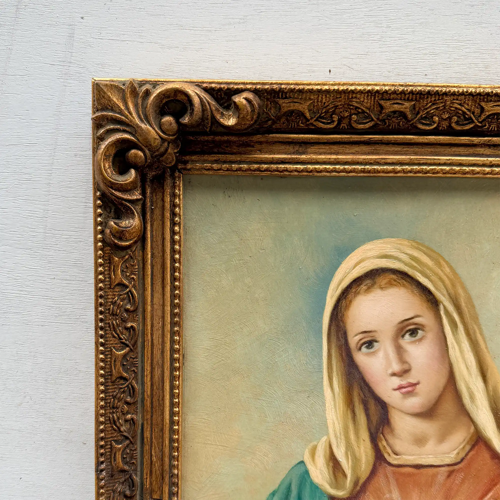 Hand-Painted Sacred Heart Religious Oil Painting, Vintage Framed Wall Art  (15.0 × 18.9 in) - Vintage Oil Painting - Arden Gallery