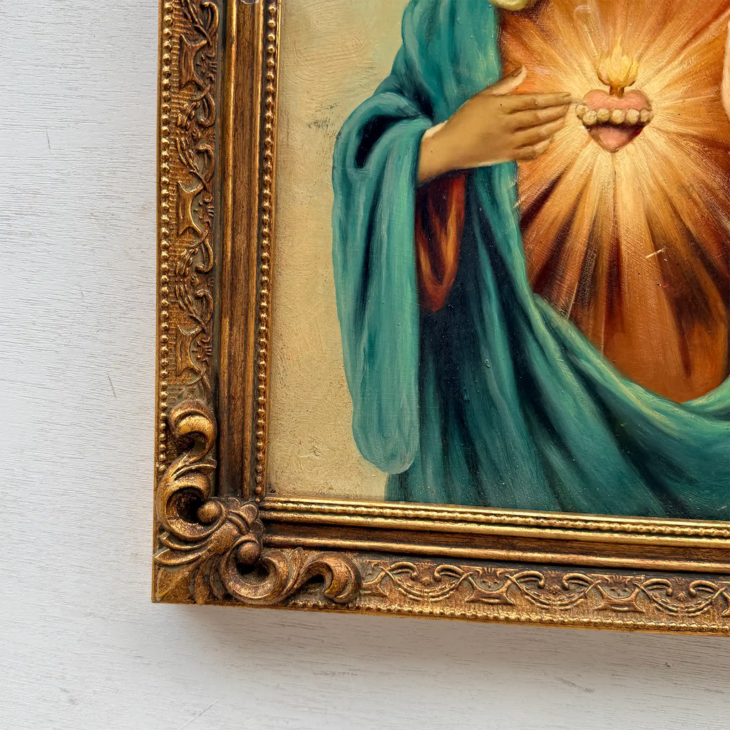 Hand-Painted Sacred Heart Religious Oil Painting, Vintage Framed Wall Art  (15.0 × 18.9 in) - Vintage Oil Painting - Arden Gallery
