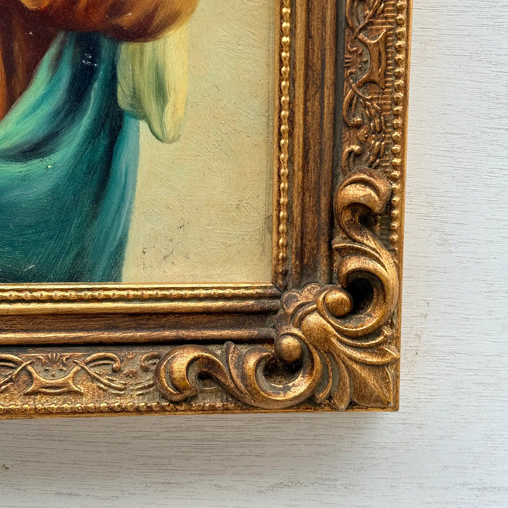 Hand-Painted Sacred Heart Religious Oil Painting, Vintage Framed Wall Art  (15.0 × 18.9 in) - Vintage Oil Painting - Arden Gallery