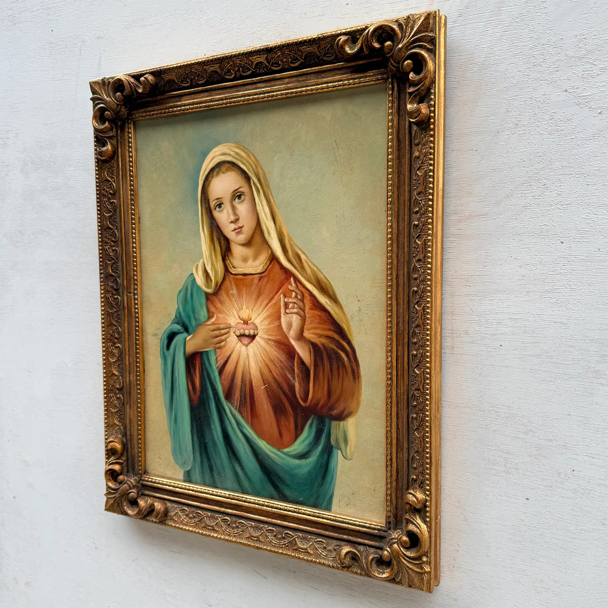 Hand-Painted Sacred Heart Religious Oil Painting, Vintage Framed Wall Art  (15.0 × 18.9 in) - Vintage Oil Painting - Arden Gallery