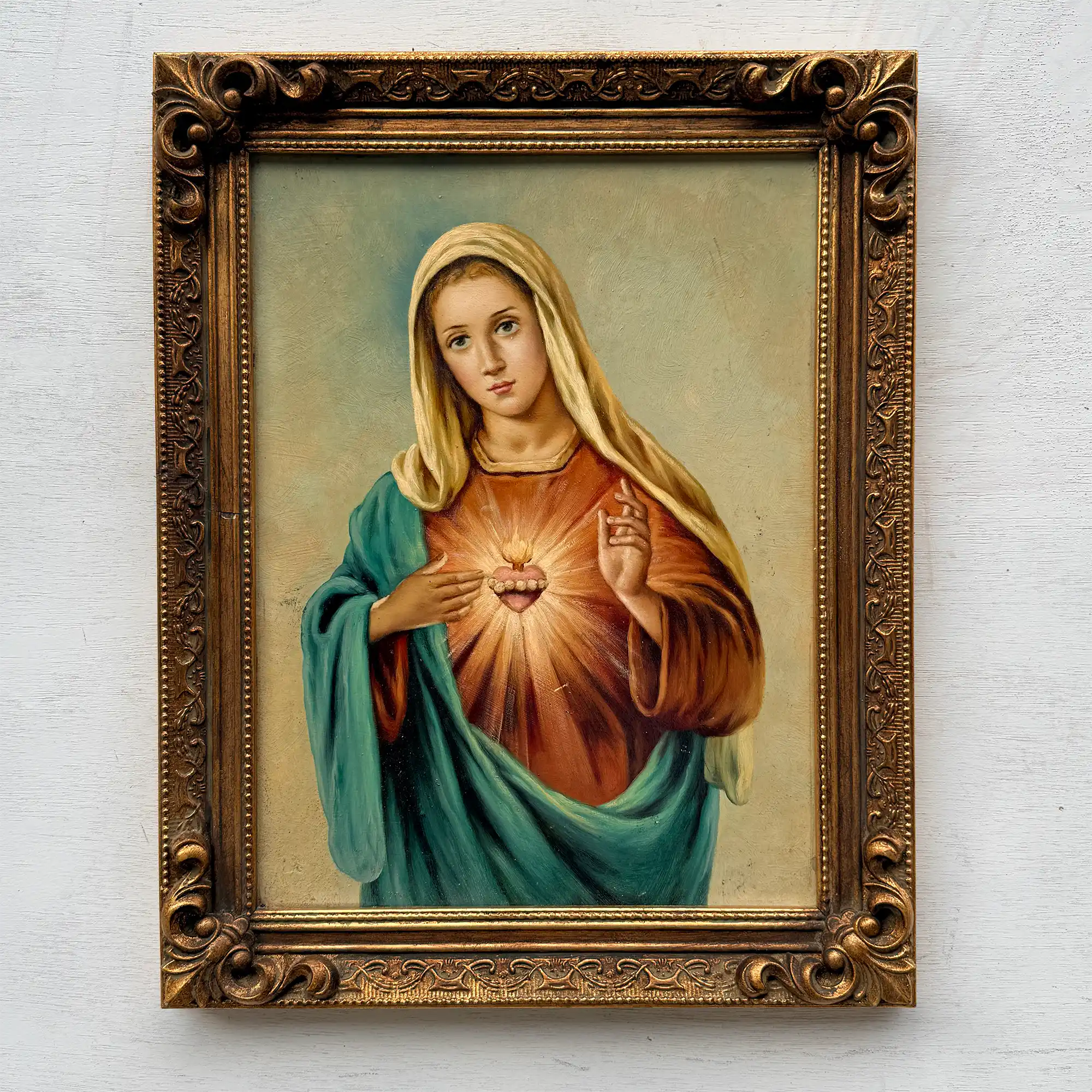 Hand-Painted Sacred Heart Religious Oil Painting, Vintage Framed Wall Art  (15.0 × 18.9 in) - Vintage Oil Painting - Arden Gallery