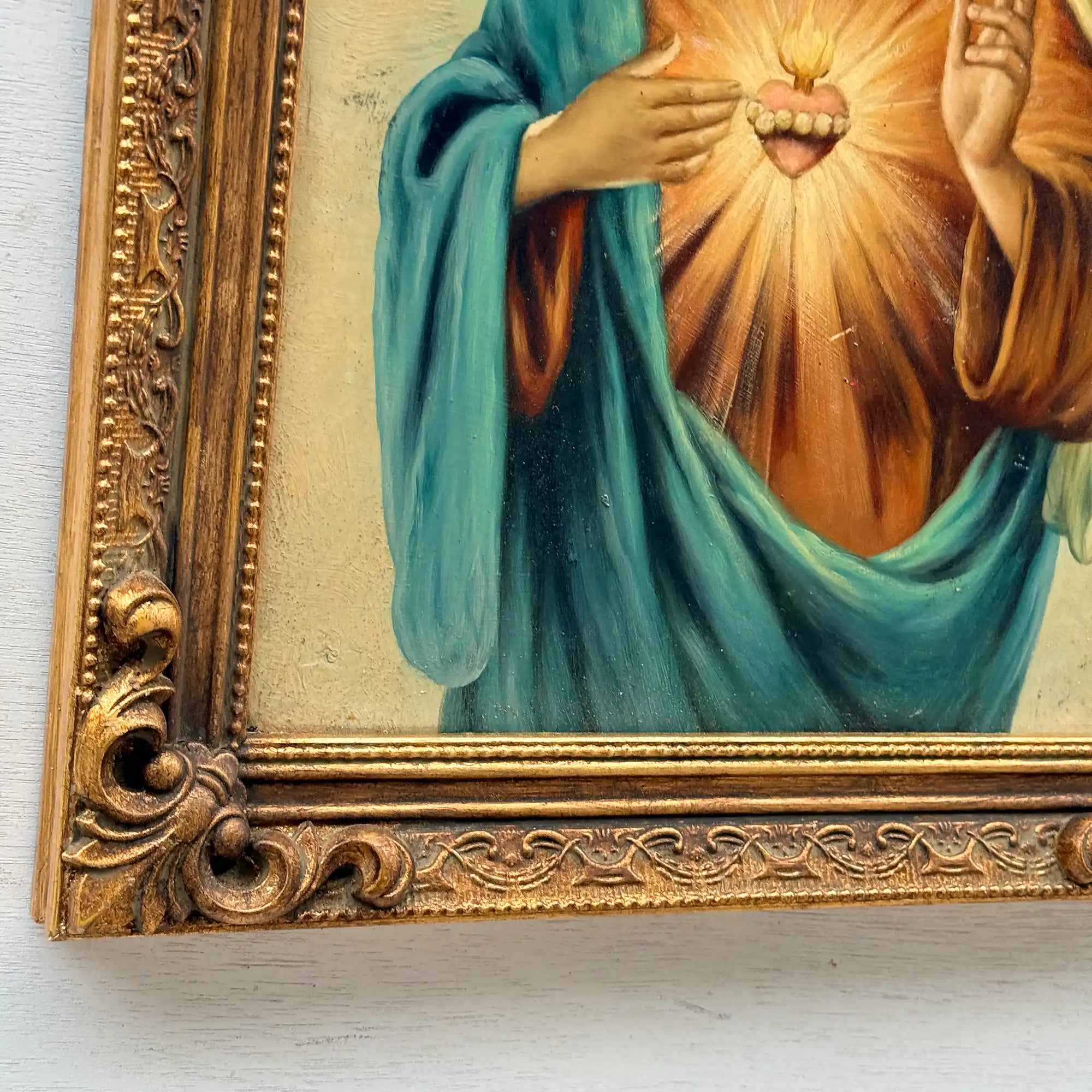 Hand-Painted Sacred Heart Religious Oil Painting, Vintage Framed Wall Art  (15.0 × 18.9 in) - Vintage Oil Painting - Arden Gallery