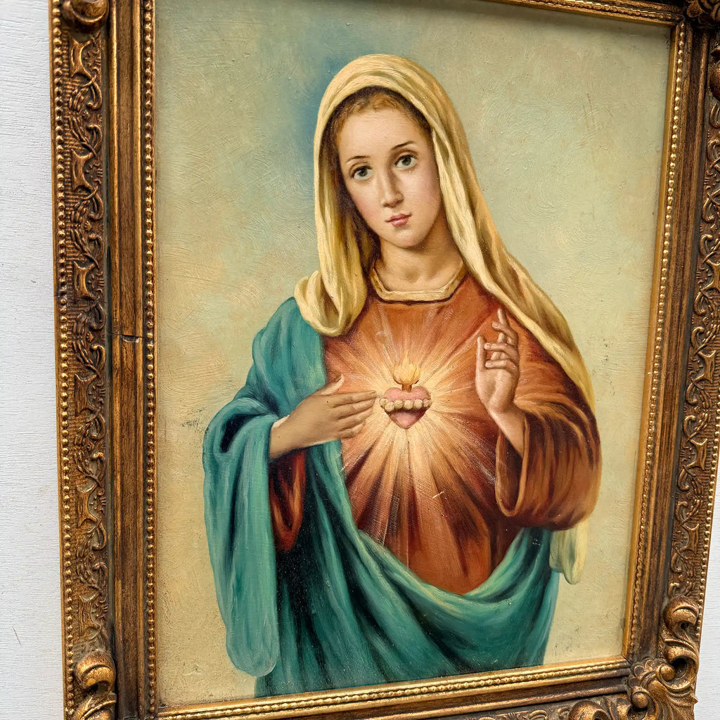 Hand-Painted Sacred Heart Religious Oil Painting, Vintage Framed Wall Art  (15.0 × 18.9 in) - Vintage Oil Painting - Arden Gallery
