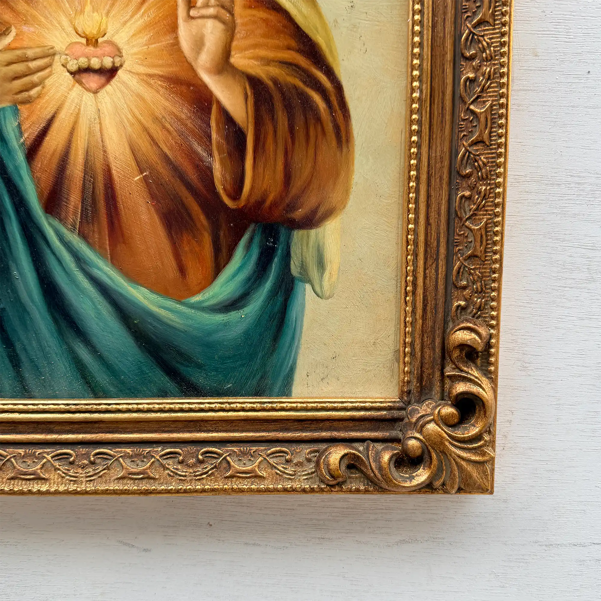 Hand-Painted Sacred Heart Religious Oil Painting, Vintage Framed Wall Art  (15.0 × 18.9 in) - Vintage Oil Painting - Arden Gallery
