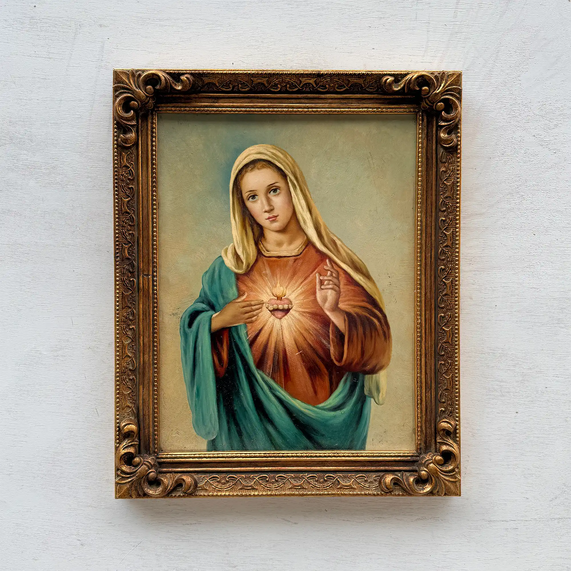 Hand-Painted Sacred Heart Religious Oil Painting, Vintage Framed Wall Art  (15.0 × 18.9 in) - Vintage Oil Painting - Arden Gallery