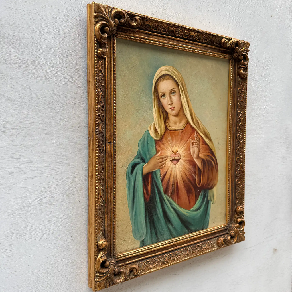 Hand-Painted Sacred Heart Religious Oil Painting, Vintage Framed Wall Art  (15.0 × 18.9 in) - Vintage Oil Painting - Arden Gallery