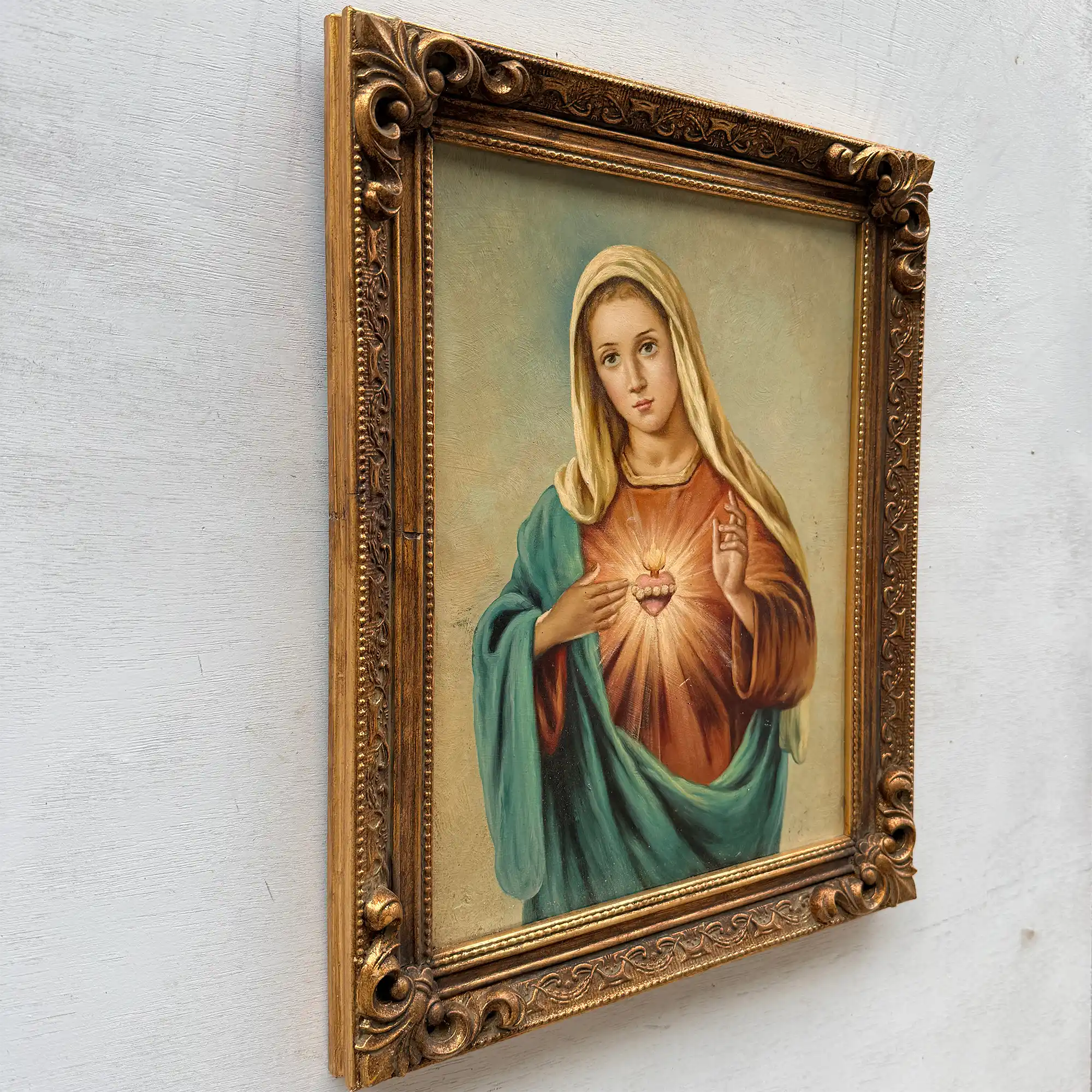 Hand-Painted Sacred Heart Religious Oil Painting, Vintage Framed Wall Art  (15.0 × 18.9 in) - Vintage Oil Painting - Arden Gallery