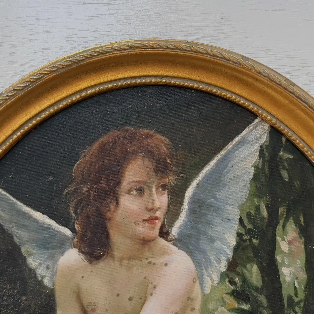 Hand-painted reproduction of a classic portrait of Cupid, oil painting. Size: 15.4 x 12.4 in - Vintage Oil Painting - Arden Gallery