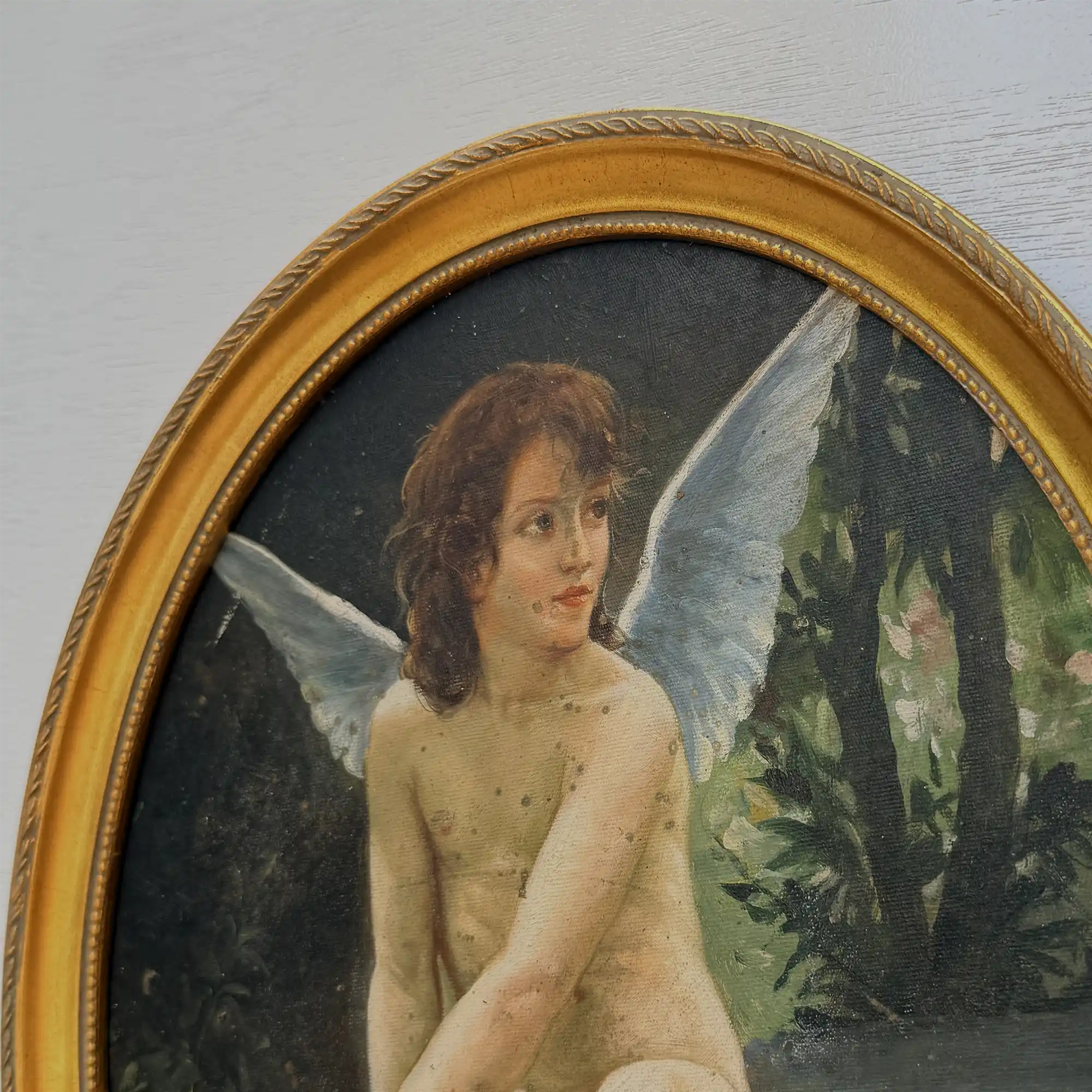 Hand-painted reproduction of a classic portrait of Cupid, oil painting. Size: 15.4 x 12.4 in - Vintage Oil Painting - Arden Gallery