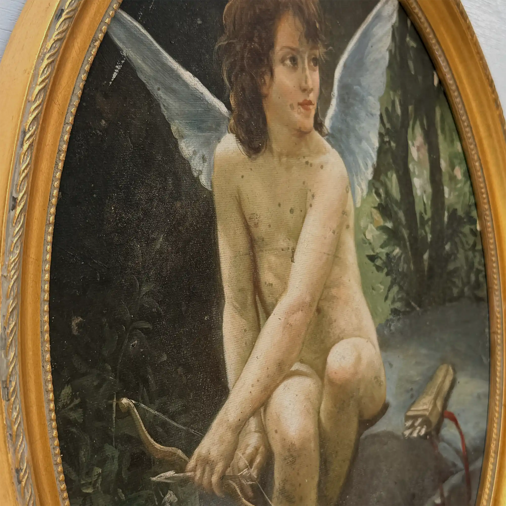 Hand-painted reproduction of a classic portrait of Cupid, oil painting. Size: 15.4 x 12.4 in - Vintage Oil Painting - Arden Gallery