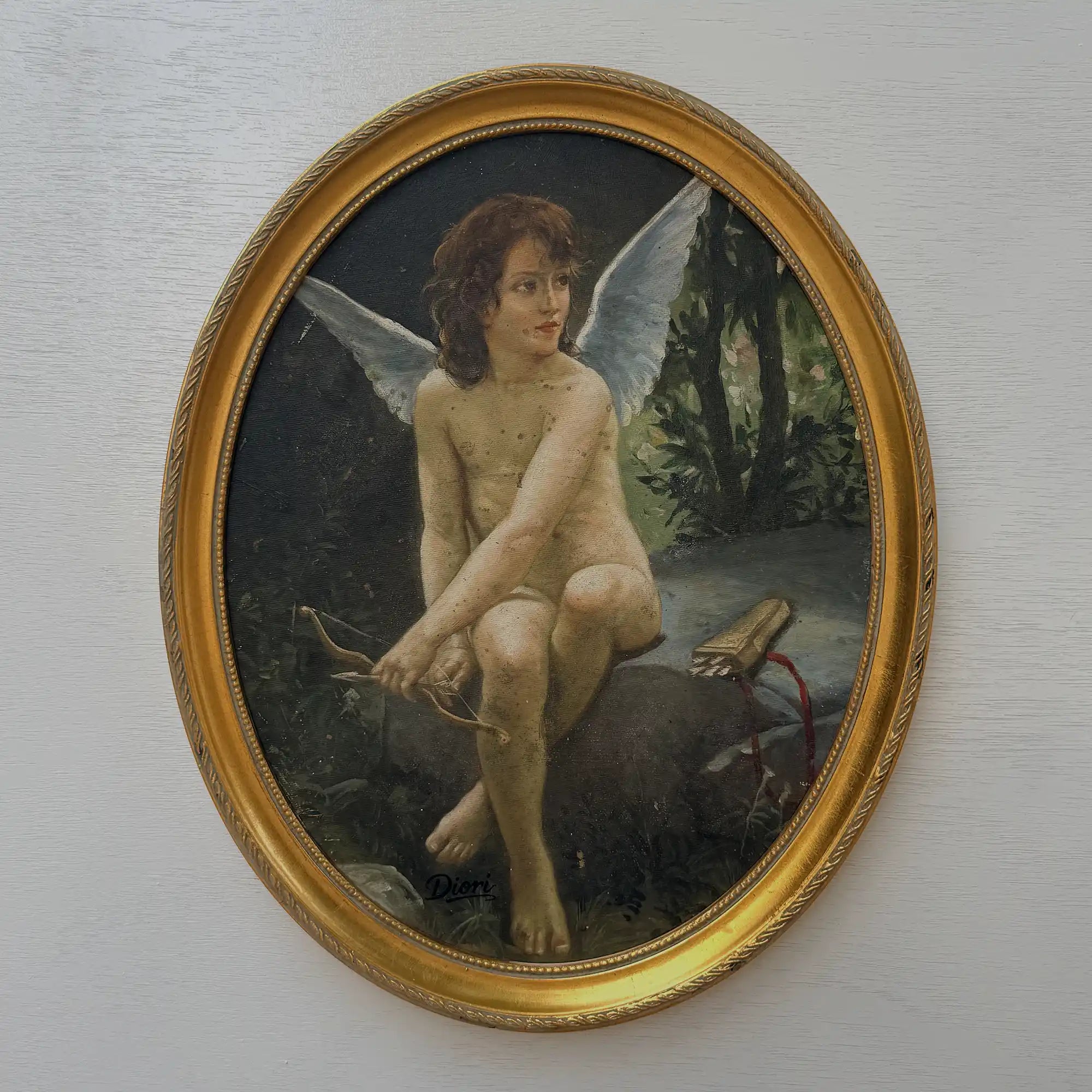Hand-painted reproduction of a classic portrait of Cupid, oil painting. Size: 15.4 x 12.4 in - Vintage Oil Painting - Arden Gallery