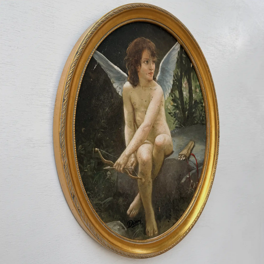 Hand-painted reproduction of a classic portrait of Cupid, oil painting. Size: 15.4 x 12.4 in - Vintage Oil Painting - Arden Gallery