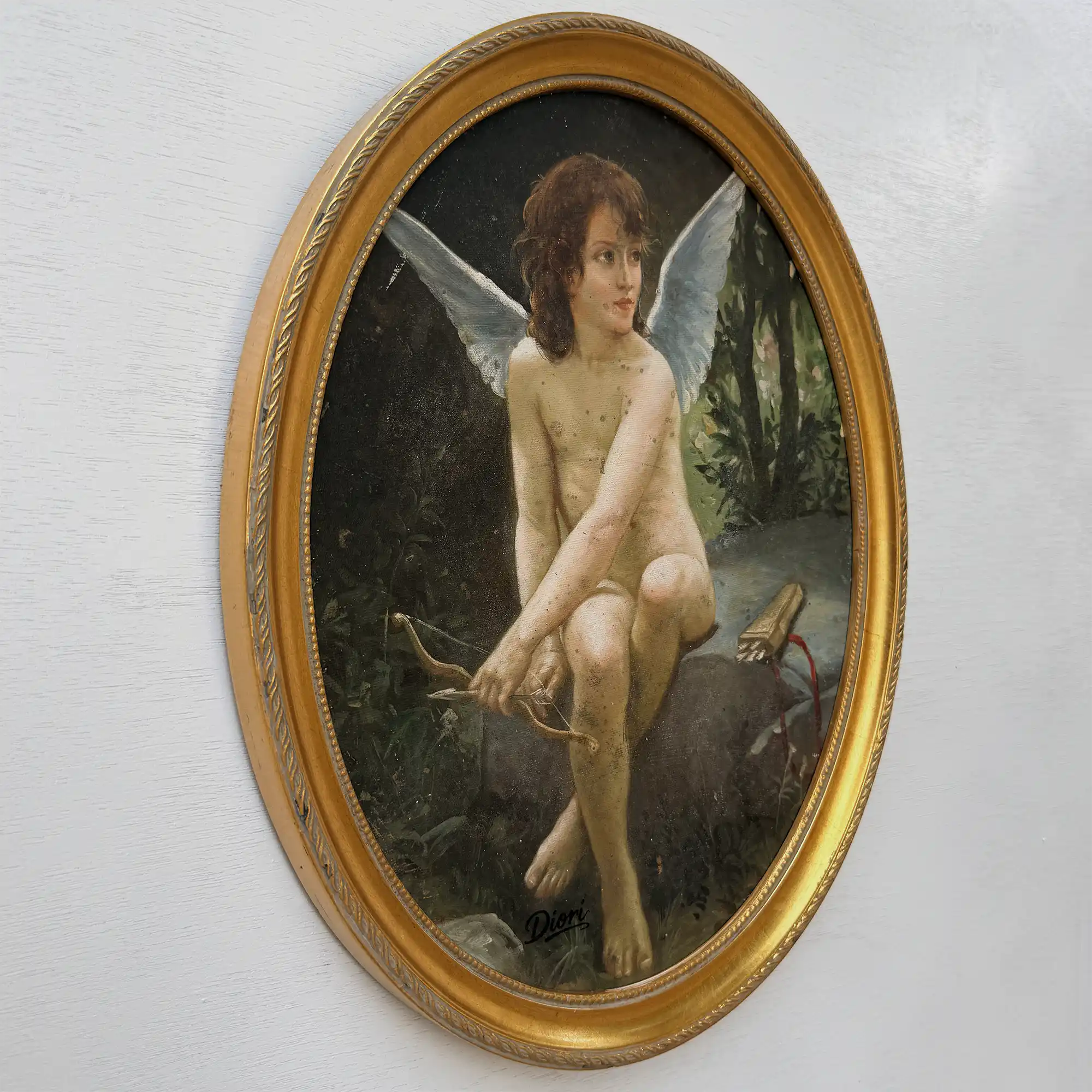 Hand-painted reproduction of a classic portrait of Cupid, oil painting. Size: 15.4 x 12.4 in - Vintage Oil Painting - Arden Gallery