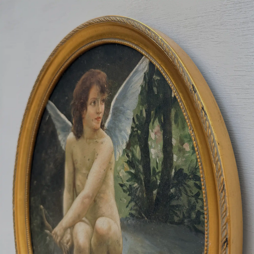 Hand-painted reproduction of a classic portrait of Cupid, oil painting. Size: 15.4 x 12.4 in - Vintage Oil Painting - Arden Gallery