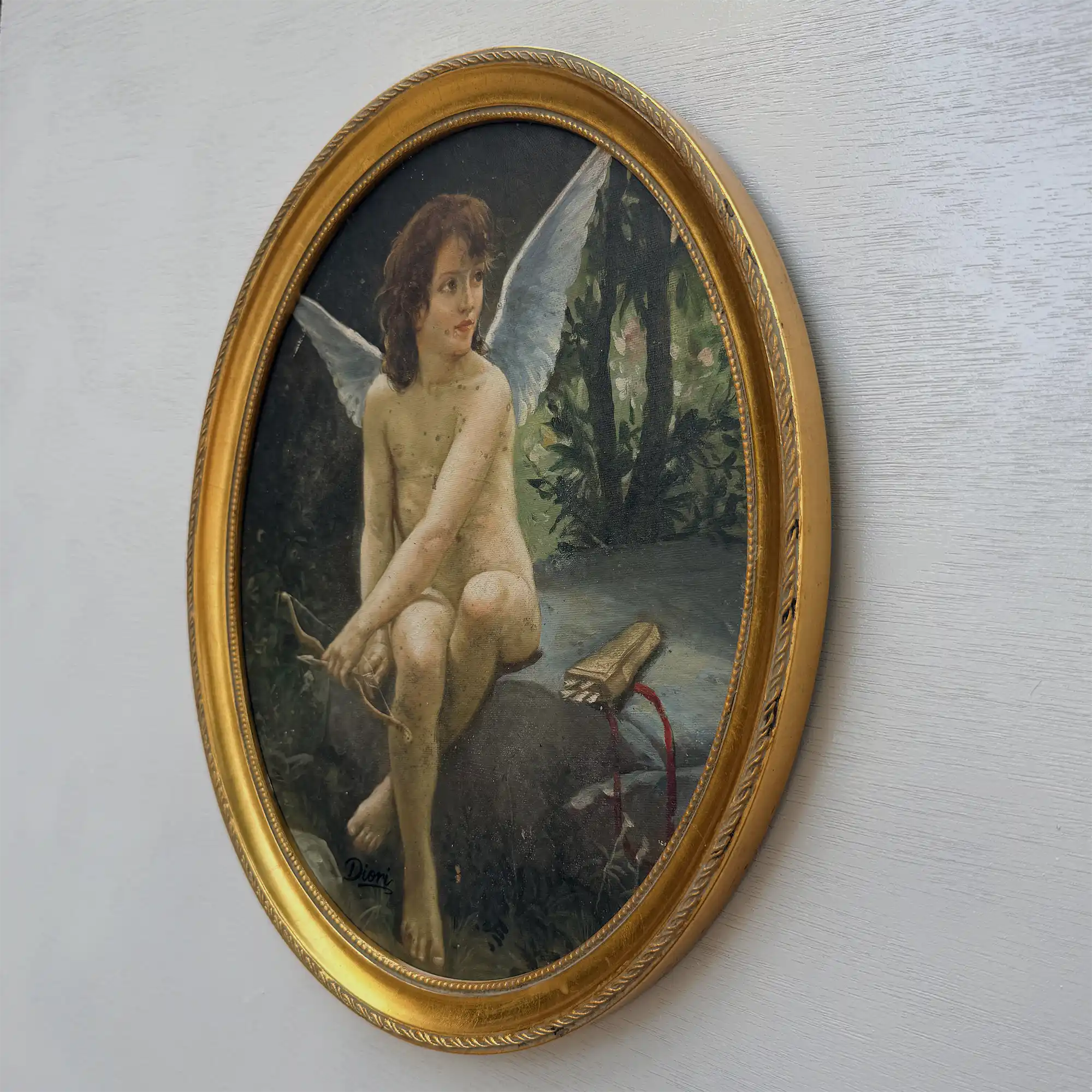 Hand-painted reproduction of a classic portrait of Cupid, oil painting. Size: 15.4 x 12.4 in - Vintage Oil Painting - Arden Gallery