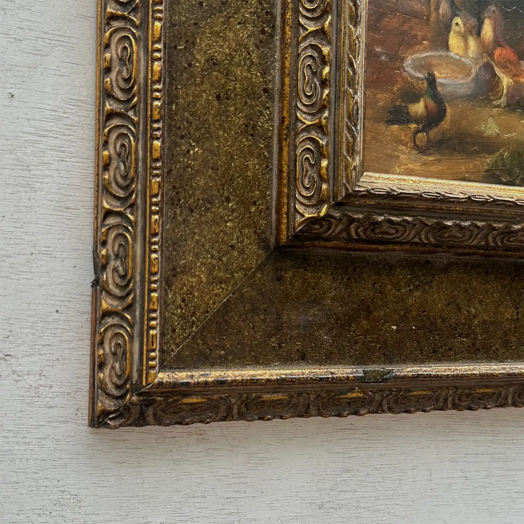 Hand Painted European Farmyard Ducks Oil Painting in Ornate Vintage Frame (12.6 × 14.6 inches) - Vintage Oil Painting - Arden Gallery