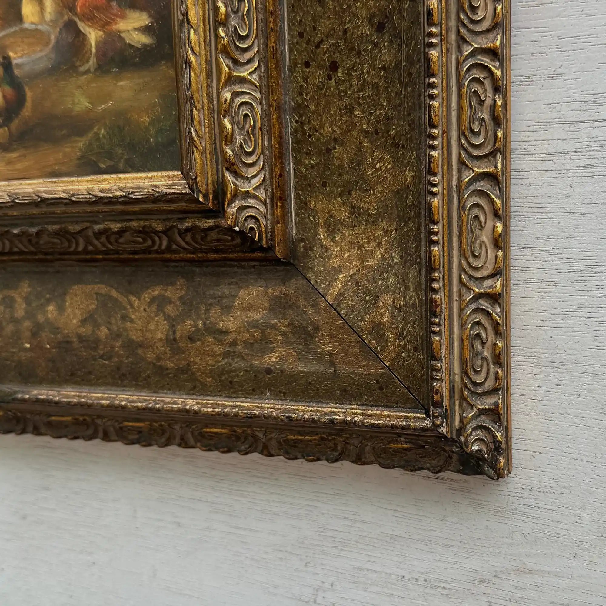 Hand Painted European Farmyard Ducks Oil Painting in Ornate Vintage Frame (12.6 × 14.6 inches) - Vintage Oil Painting - Arden Gallery