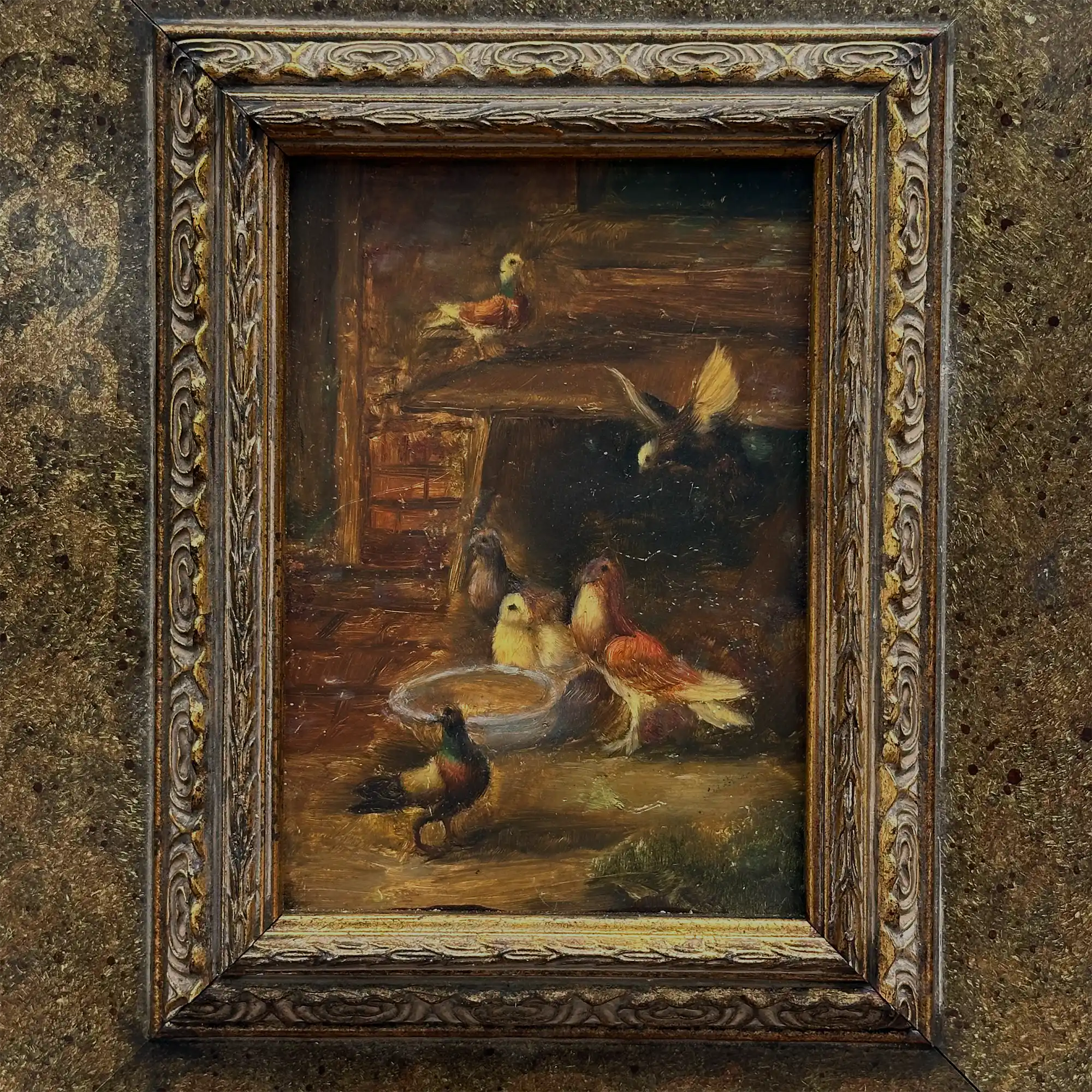 Hand Painted European Farmyard Ducks Oil Painting in Ornate Vintage Frame (12.6 × 14.6 inches) - Vintage Oil Painting - Arden Gallery