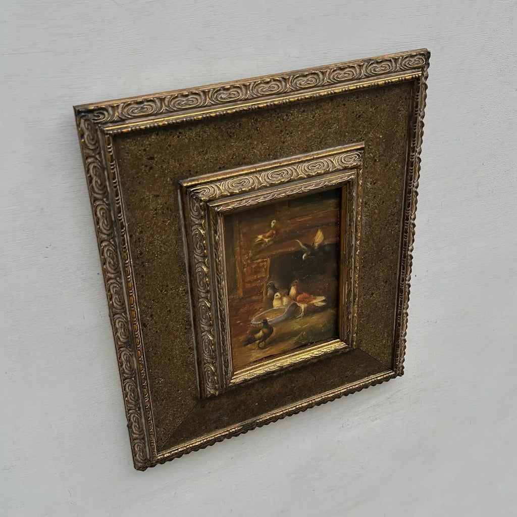 Hand Painted European Farmyard Ducks Oil Painting in Ornate Vintage Frame (12.6 × 14.6 inches) - Vintage Oil Painting - Arden Gallery