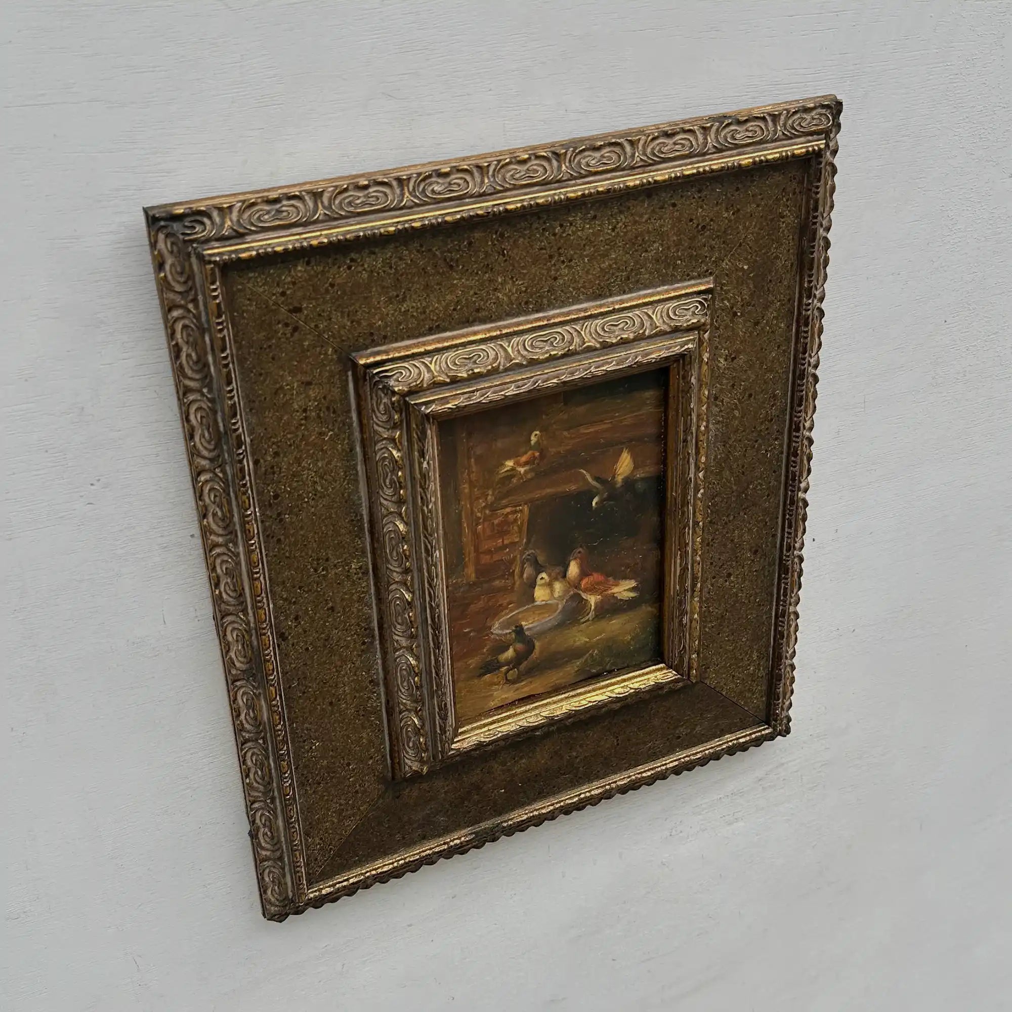Hand Painted European Farmyard Ducks Oil Painting in Ornate Vintage Frame (12.6 × 14.6 inches) - Vintage Oil Painting - Arden Gallery