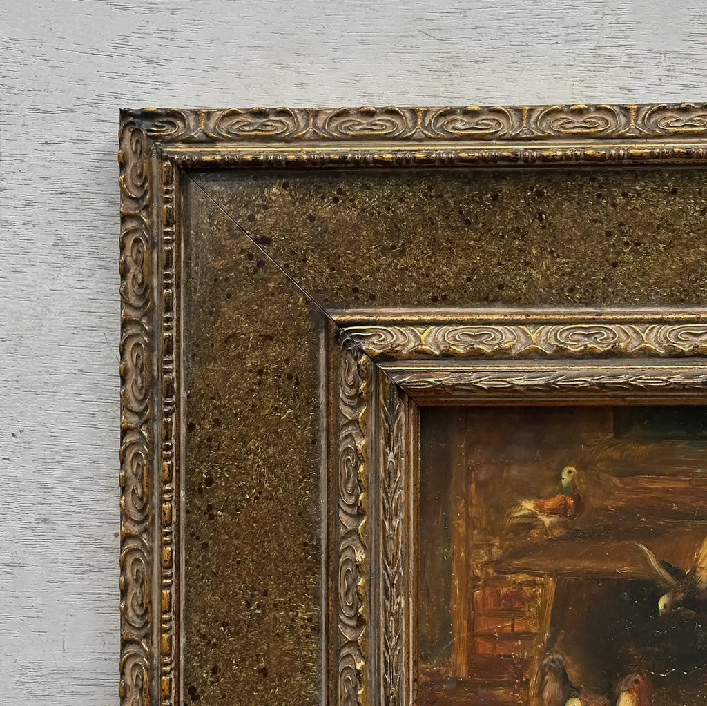 Hand Painted European Farmyard Ducks Oil Painting in Ornate Vintage Frame (12.6 × 14.6 inches) - Vintage Oil Painting - Arden Gallery