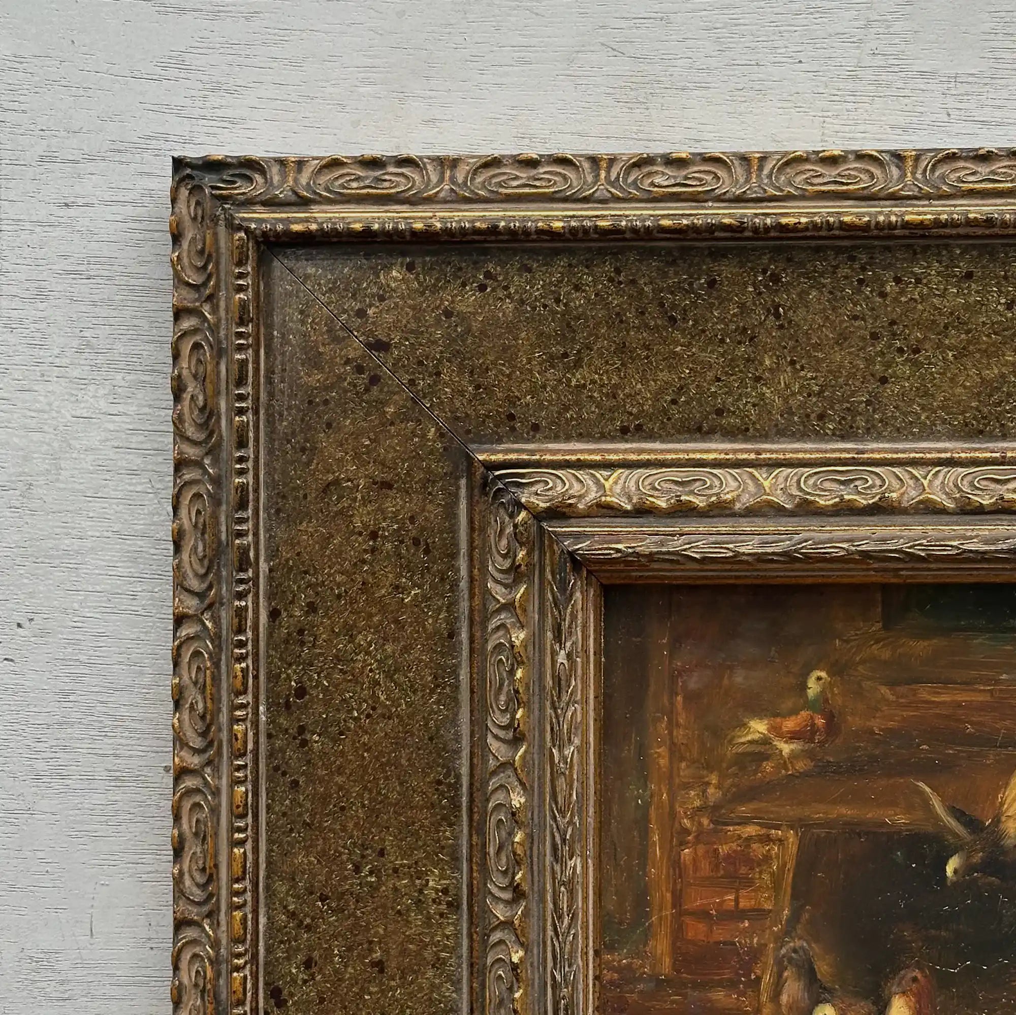Hand Painted European Farmyard Ducks Oil Painting in Ornate Vintage Frame (12.6 × 14.6 inches) - Vintage Oil Painting - Arden Gallery